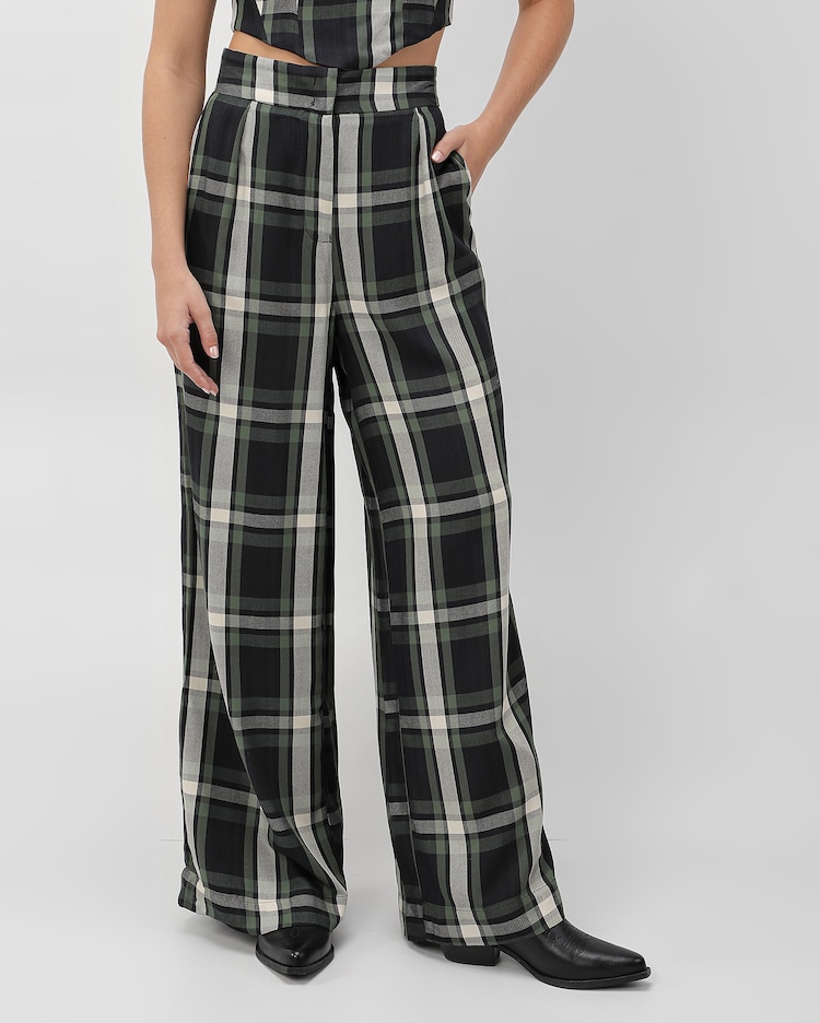 Riachuelo Calça feminina pantalona viscose xadrez verde Pool