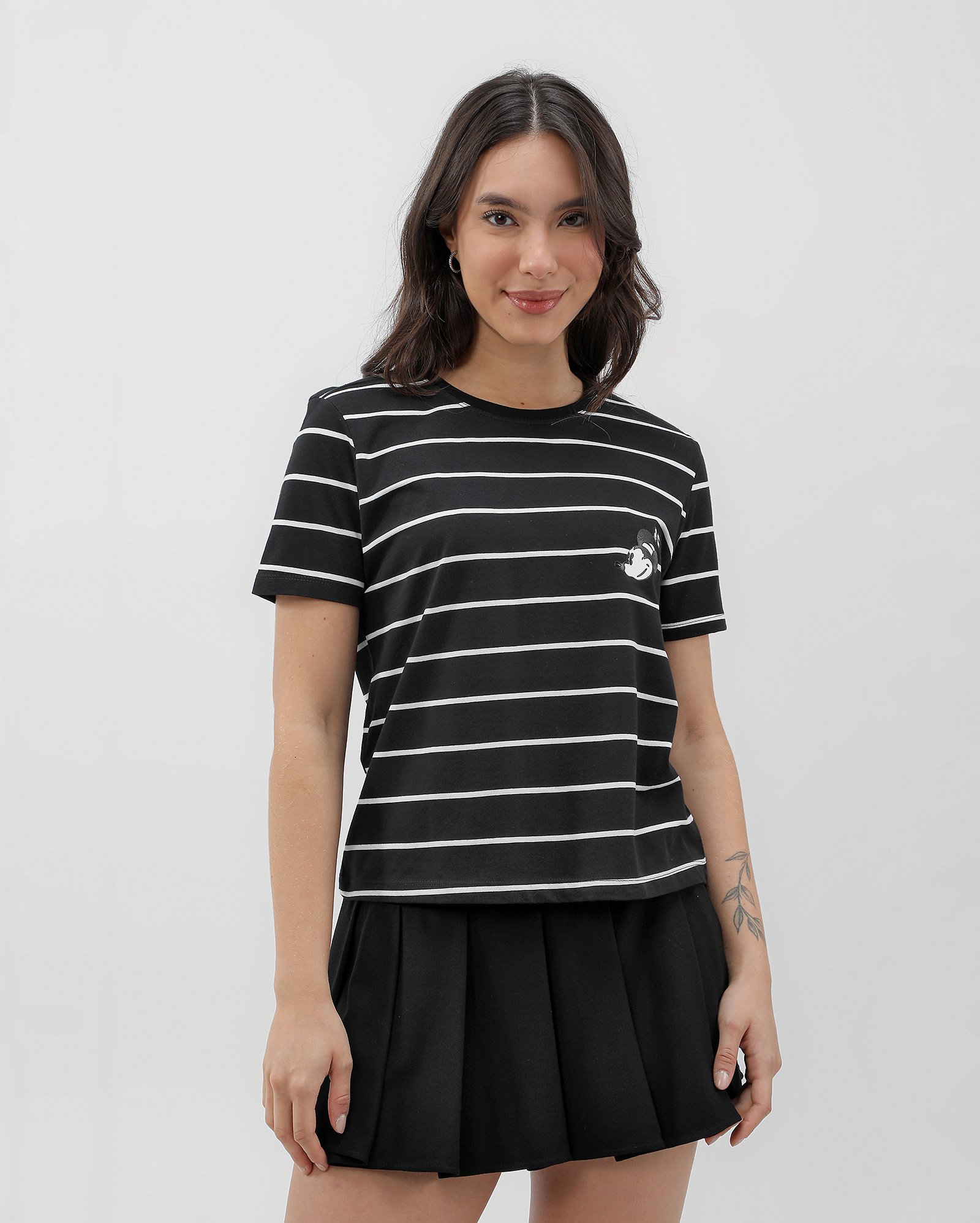 Camiseta feminina Minnie listrada preta | Disney