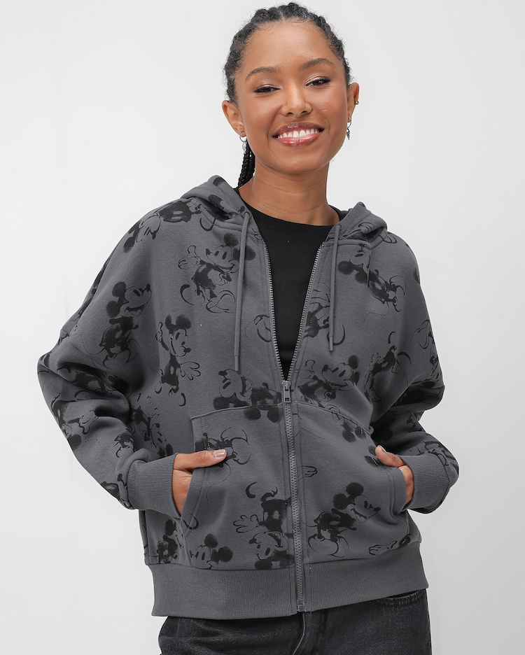 Riachuelo Blusa de moletom feminina Mickey com zíper cinza Disney