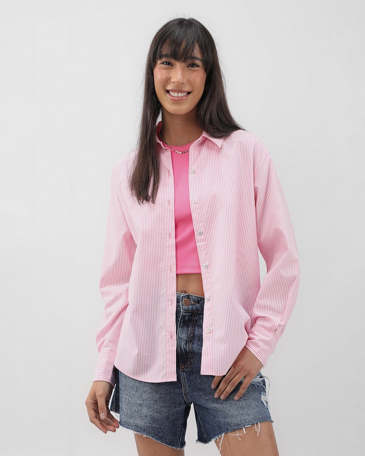 Riachuelo Camisa feminina regular viscolinho listrada rosa