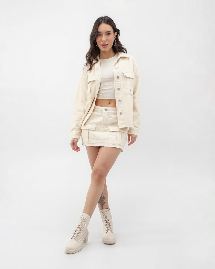 Riachuelo Mini saia jeans color cargo com bolsos bege Pool by