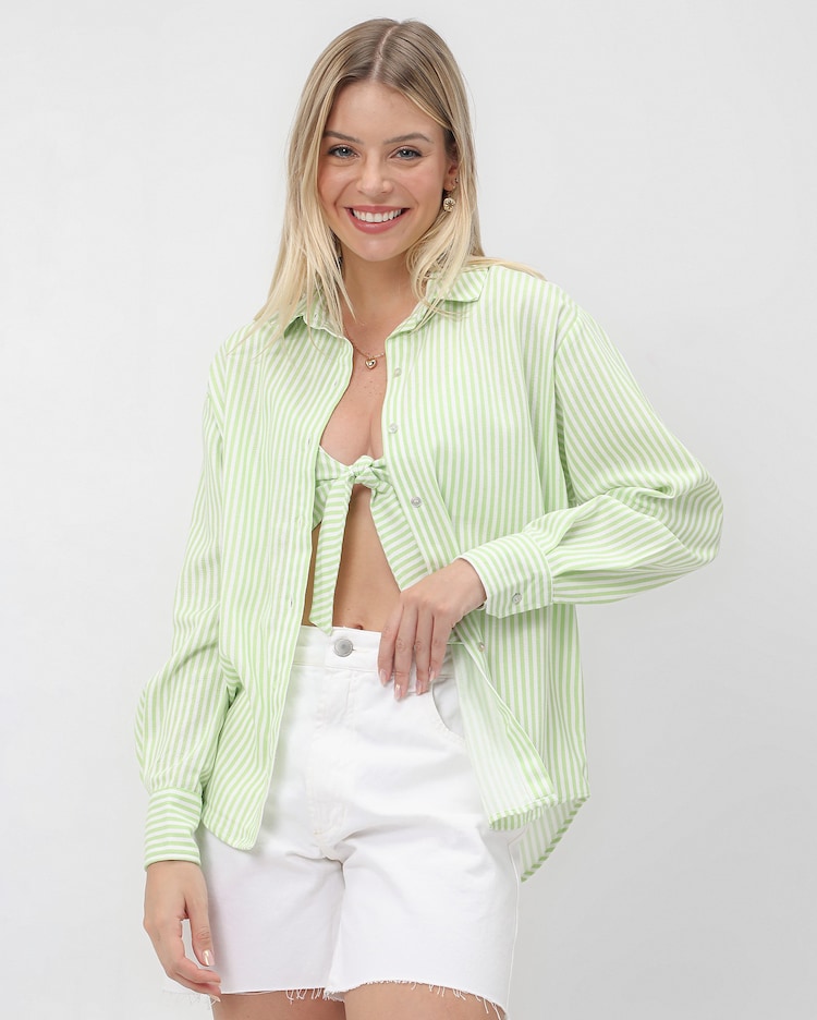 Riachuelo Camisa feminina listrada manga longa verde Pool by