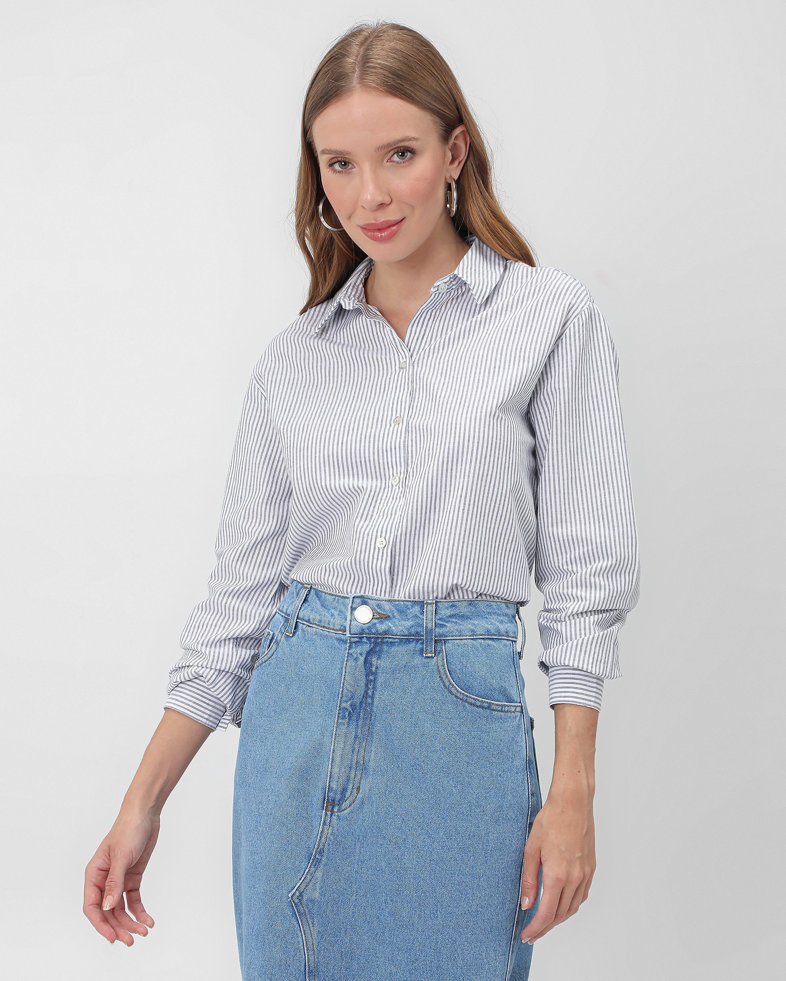 Riachuelo Camisa feminina regular algodão listrada azul AK by