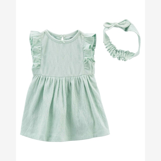 Vestido infantil texturizado com faixa de cabelo e babados verde | Carter's 