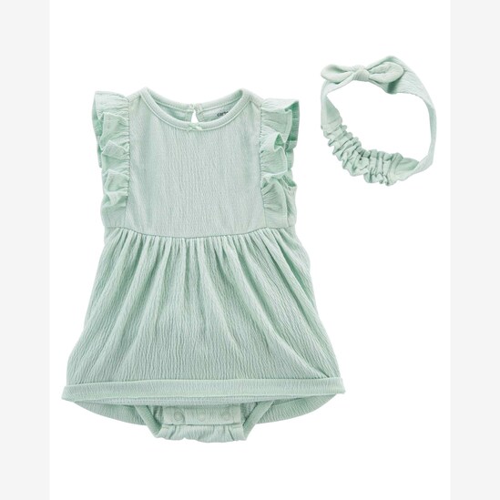Vestido infantil texturizado com faixa de cabelo e babados verde | Carter's 