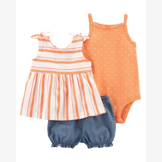 Conjunto curto bebê 3 peças listrada poá laranja | Carter's
