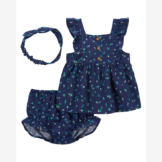 Conjunto curto bebê floral com faixa de cabelo azul | Carter's 
