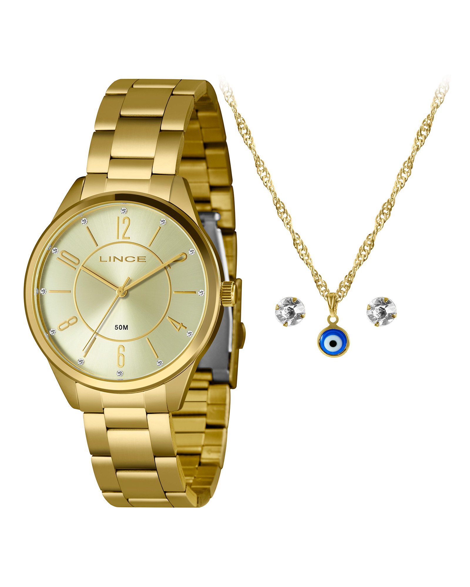 Kit relógio analógico feminino LRG4750L40K02OC2K + conjunto dourado | Lince
