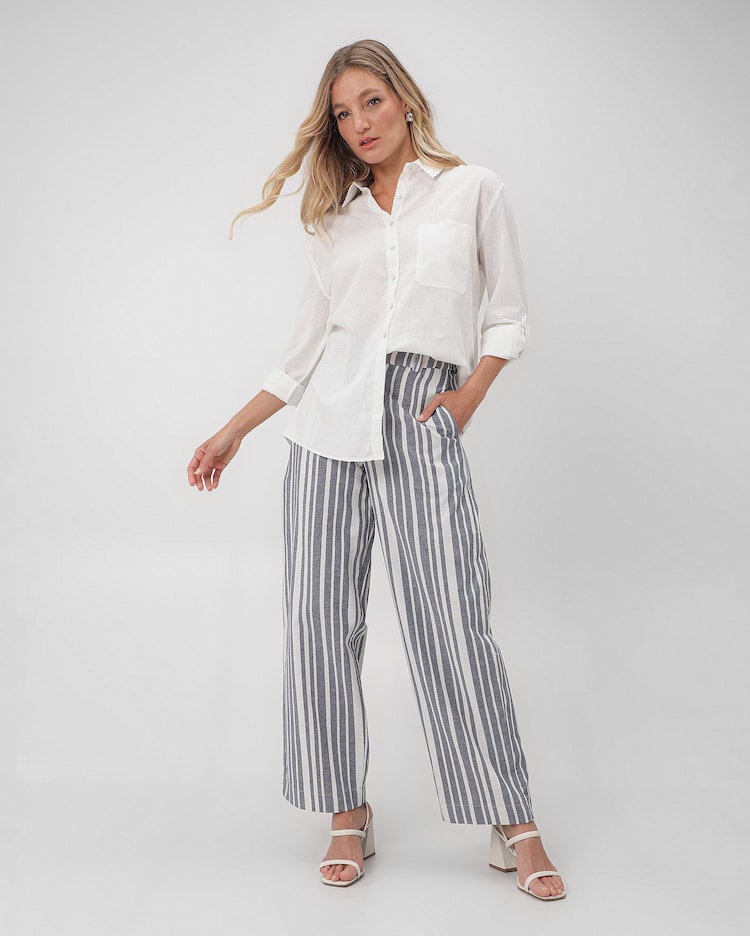 Riachuelo Calça feminina reta alfaiatada com listras azul AK