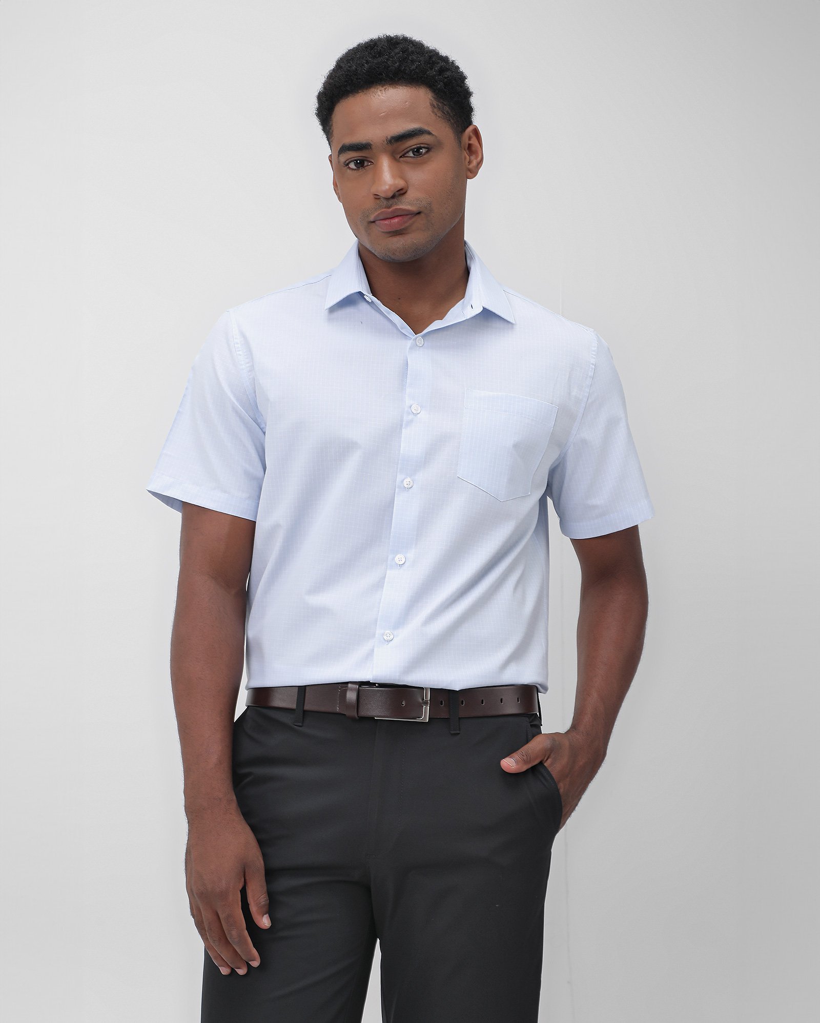 Camisa masculina regular quadriculada - Azul Claro