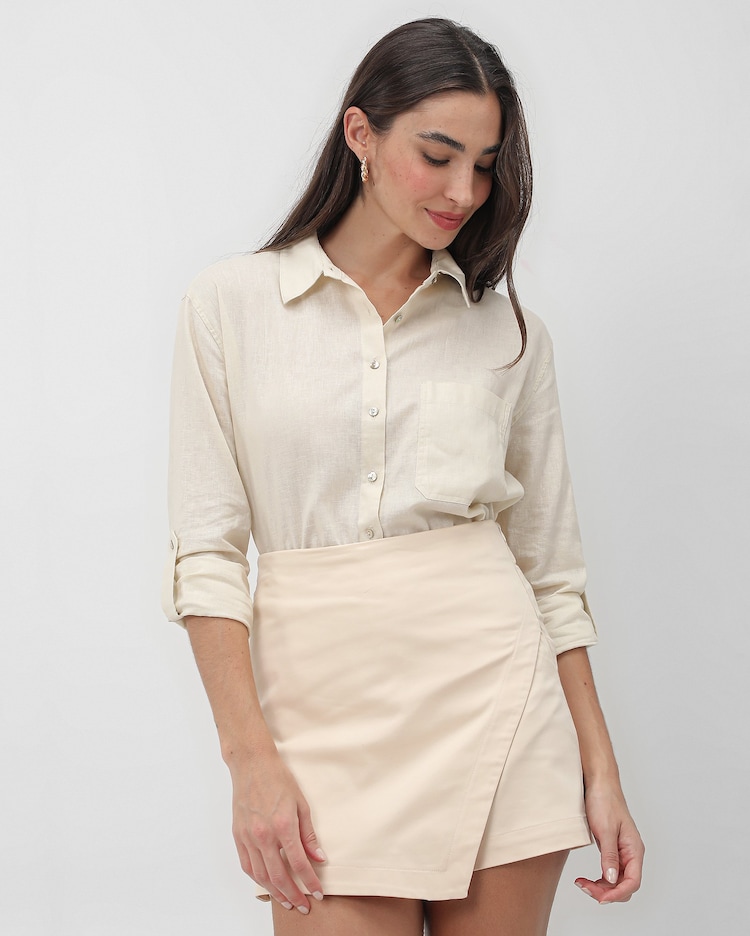 Riachuelo Short-saia jeans color transpassado Bege Linho AK