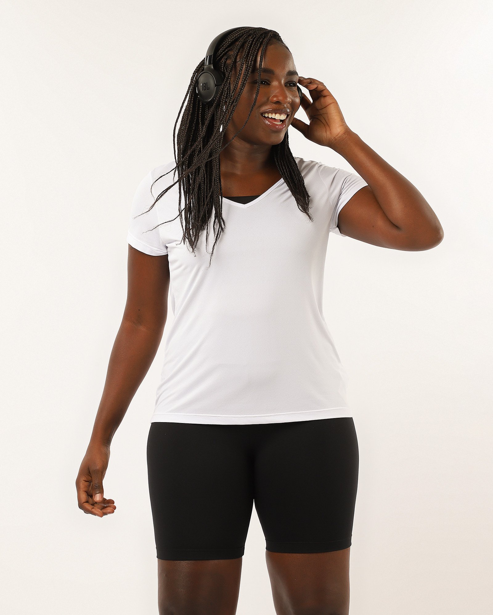Camiseta esportiva feminina de poliamida decote V - Branco | BodyWork