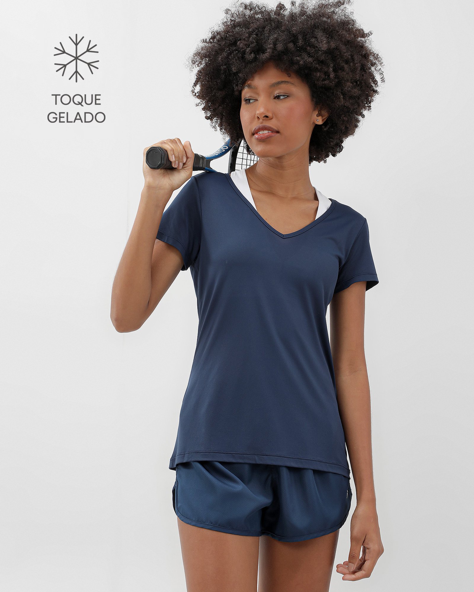 Camiseta esportiva feminina decote v - Azul-marinho | Body Work