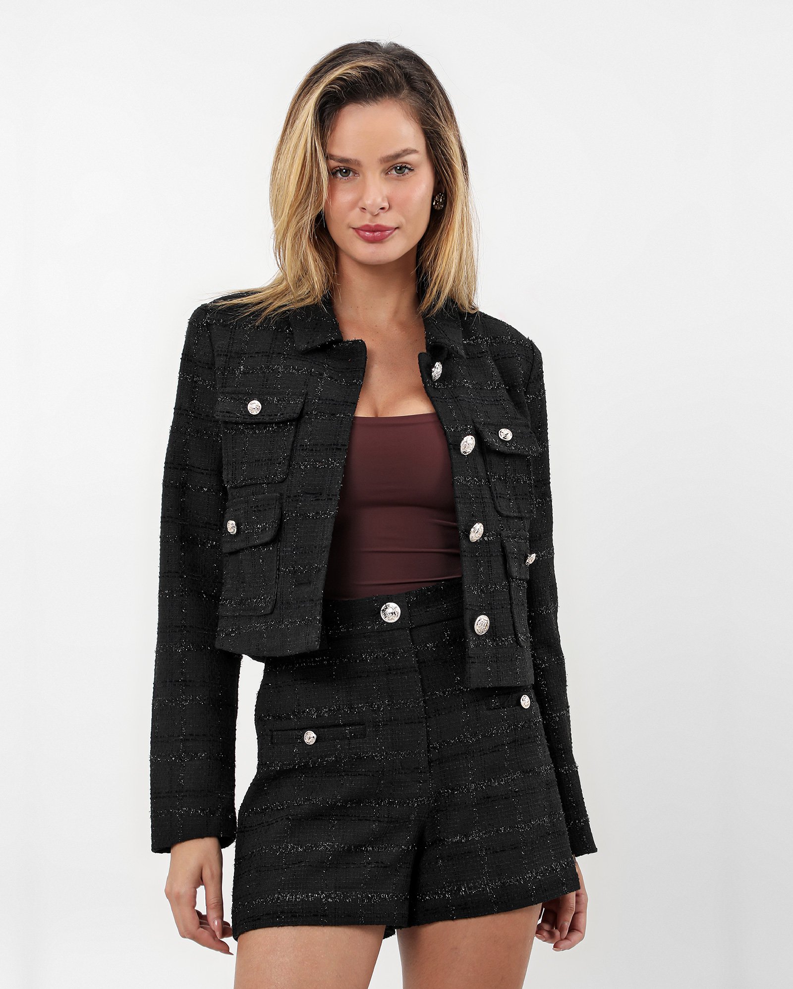 Blazer feminino em tweed reto preto | Ak by Riachuelo