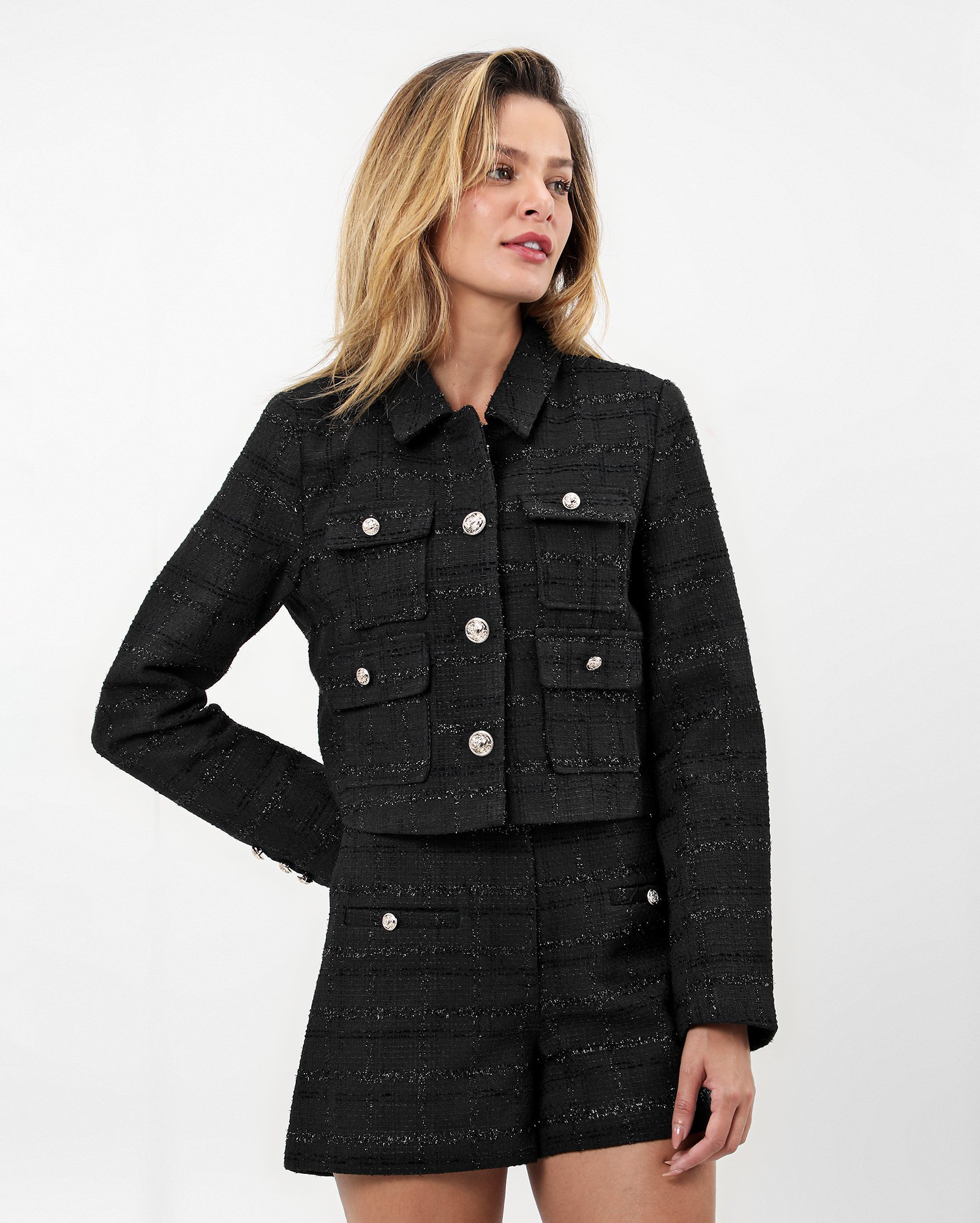Blazer feminino em tweed reto preto | Ak by Riachuelo