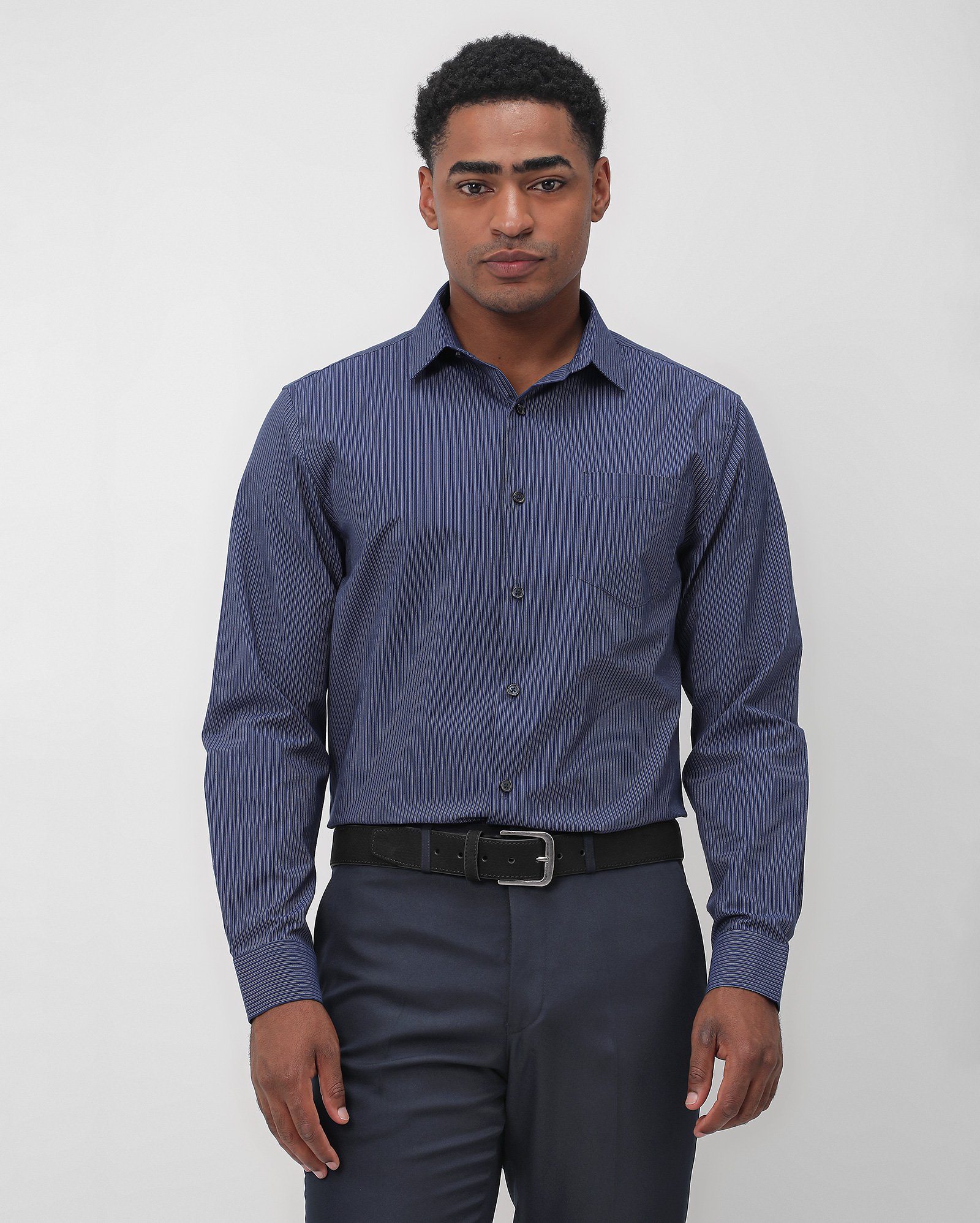 Camisa social masculina regular listras - Azul Escuro