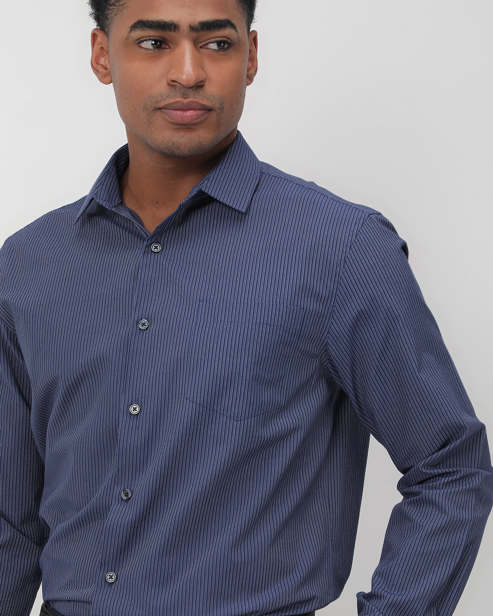 Camisa social masculina regular listras - Azul Escuro — foto 3