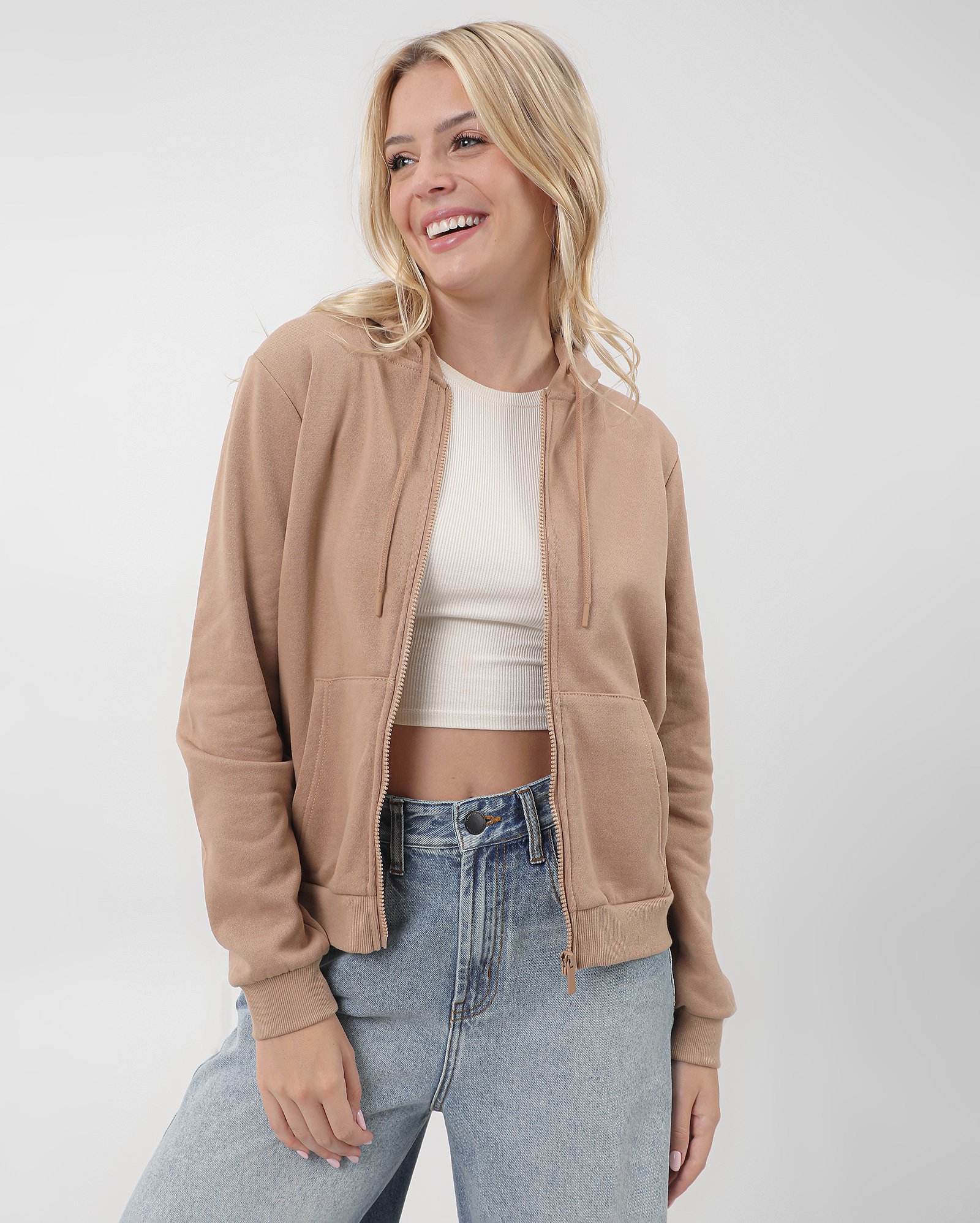 Blusa de moletom feminina Tarsi aberta com 2 bolsos - Marrom Claro | Pool Basics