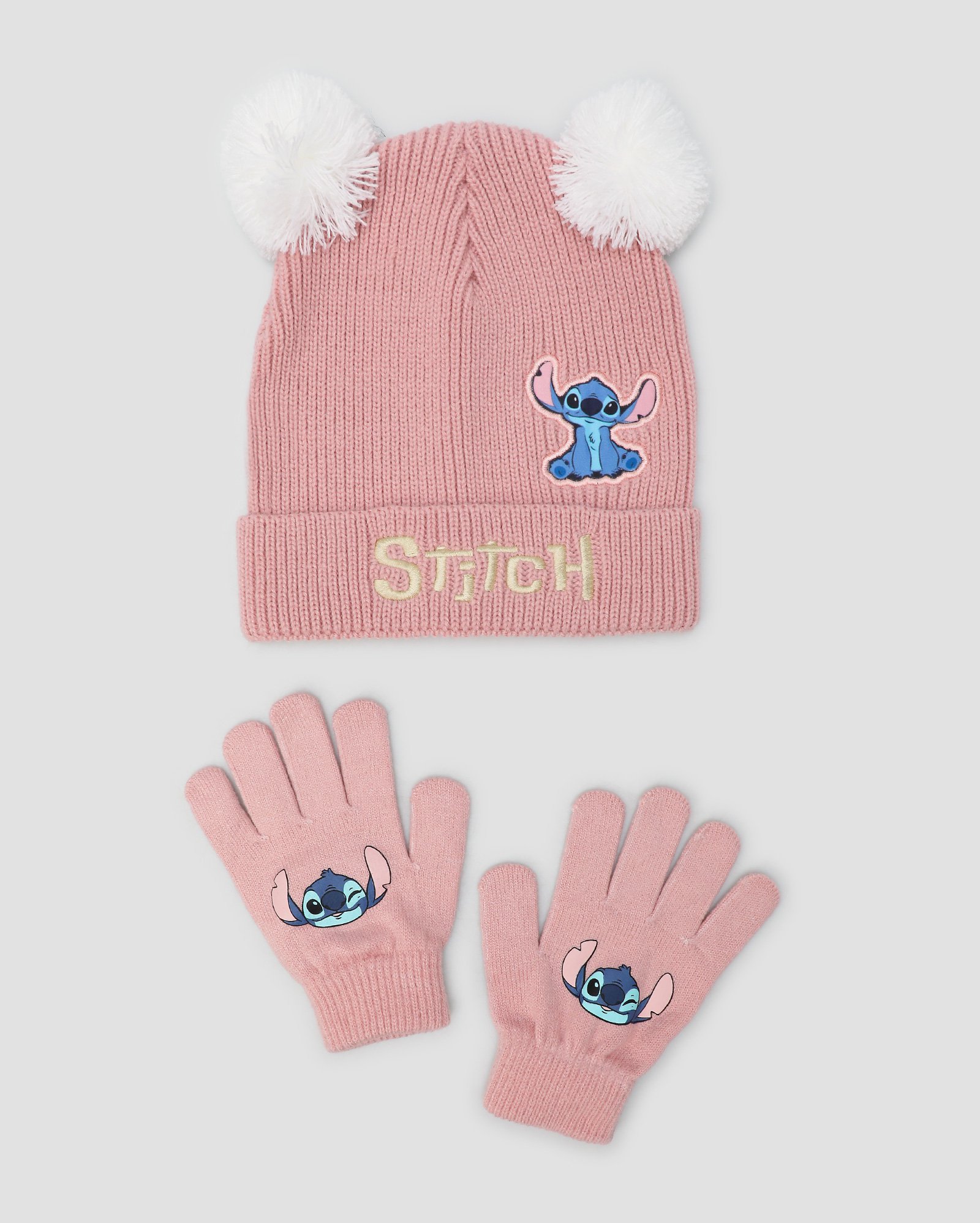Kit gorro infantil + par de luvas Stitch com pompom rosa | Disney