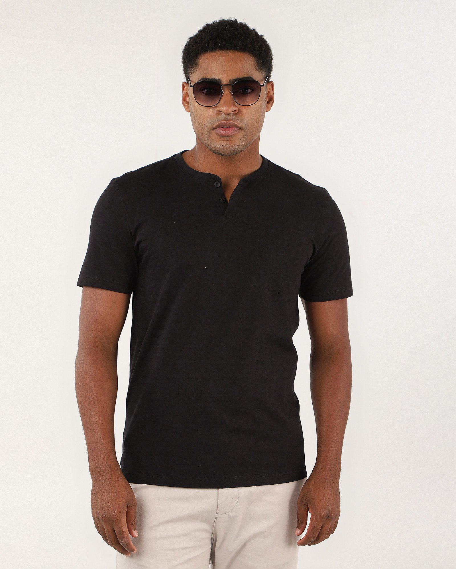 Camiseta masculina manga curta vista aberta - Preto Mescla