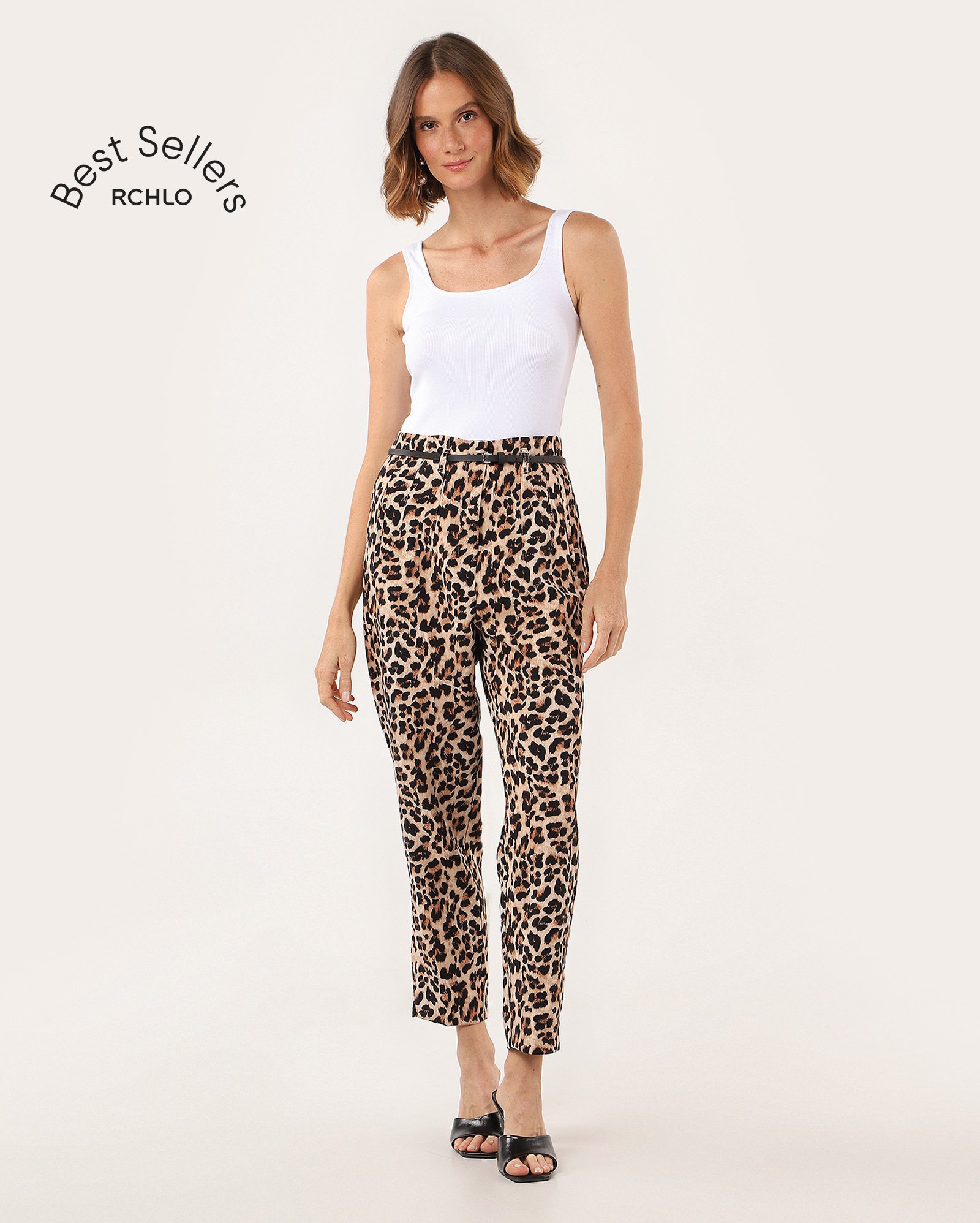 Calça Feminina Alfaiataria Luka Animal Print com Cinto Fino