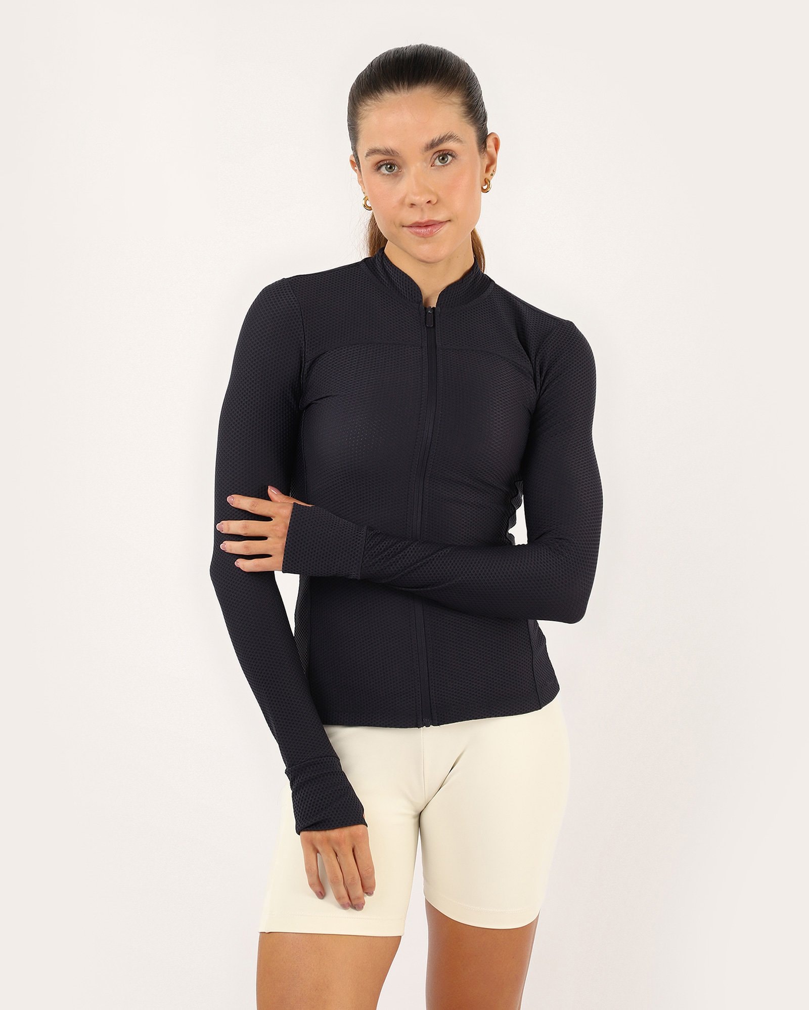 Jaqueta esportiva feminina em textura - Azul Escuro | Body Work