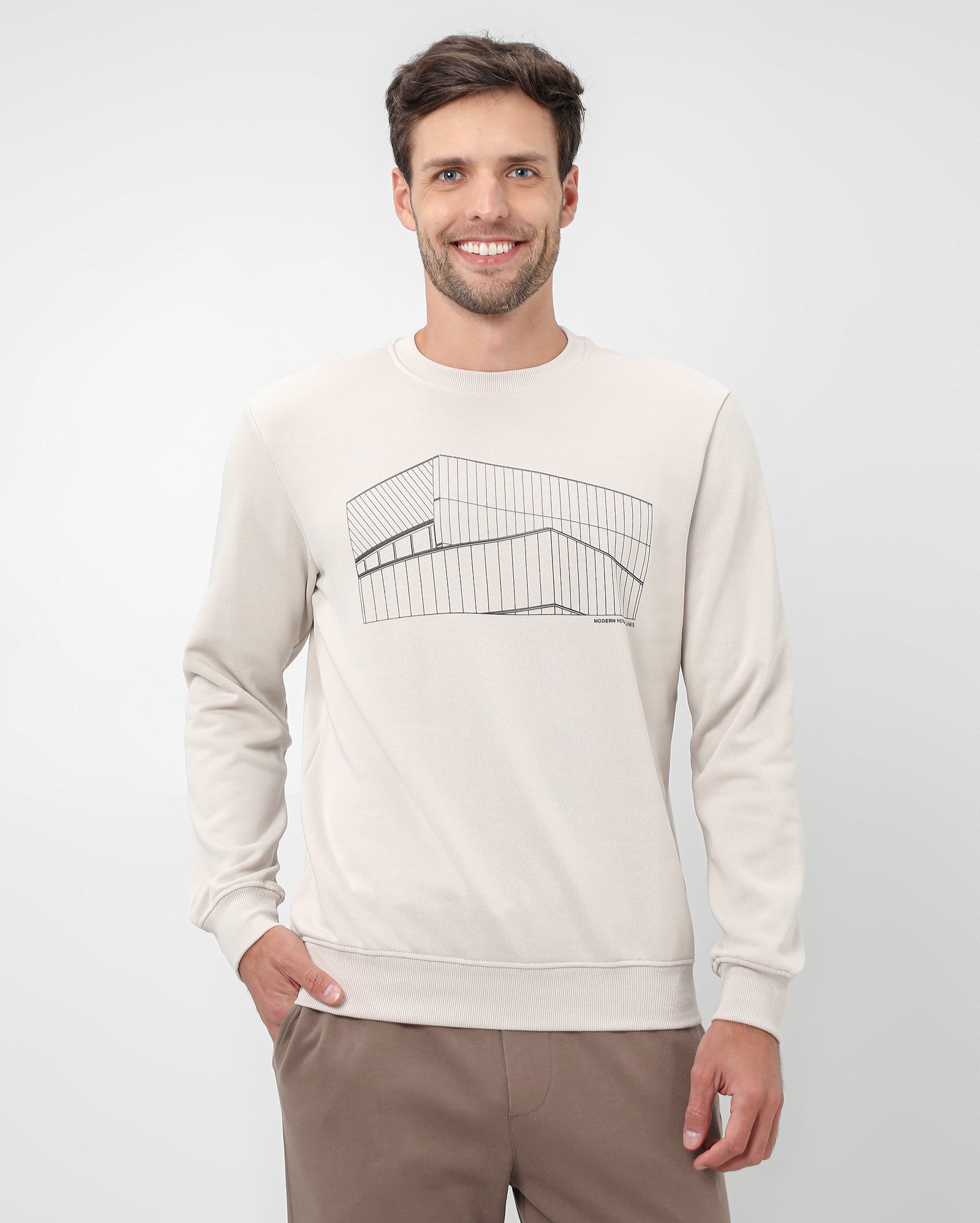 Blusa de moletom masculina gola careca lines bege | Original by Riachuelo