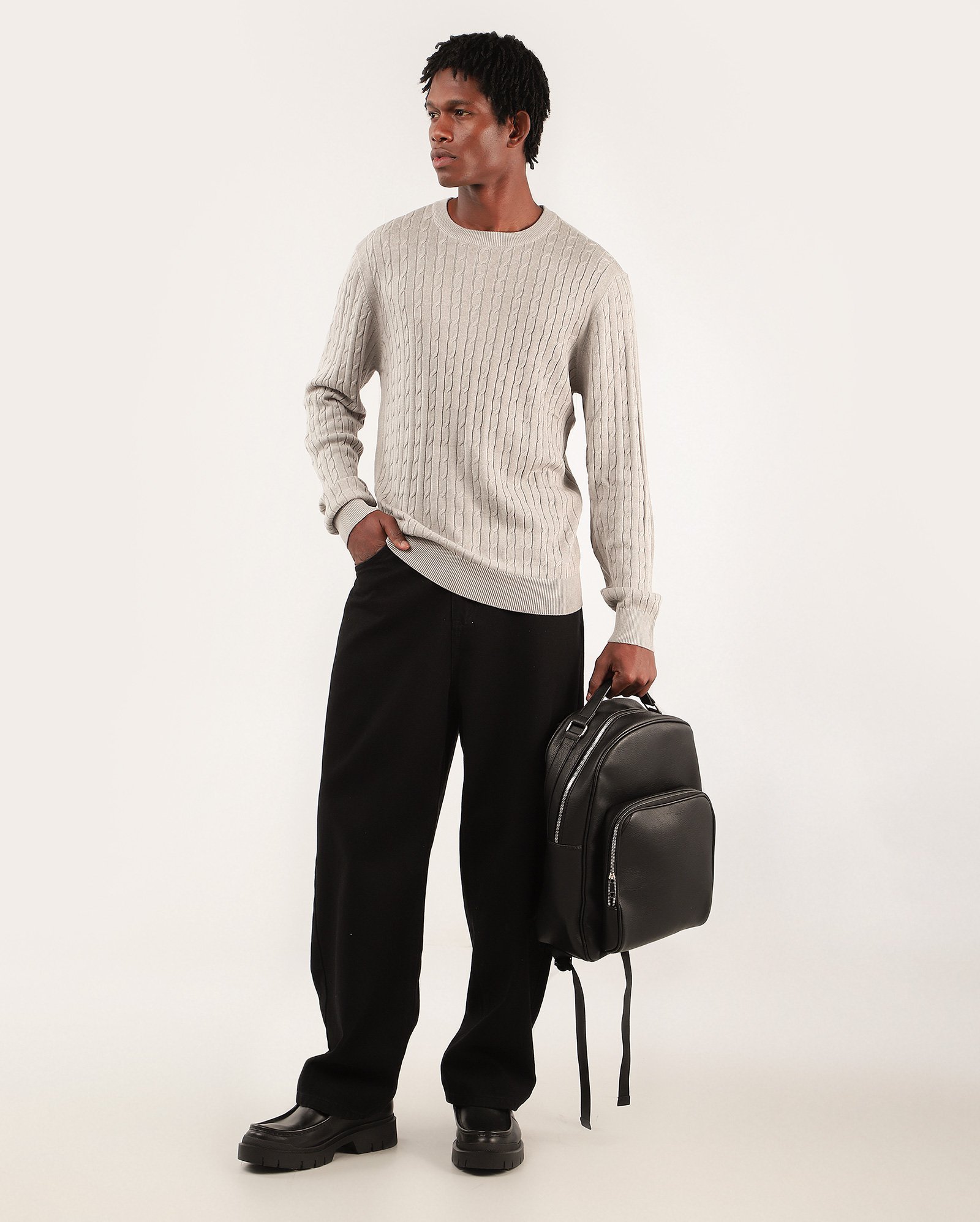 Suéter masculino tricot ponto trançado - Cinza