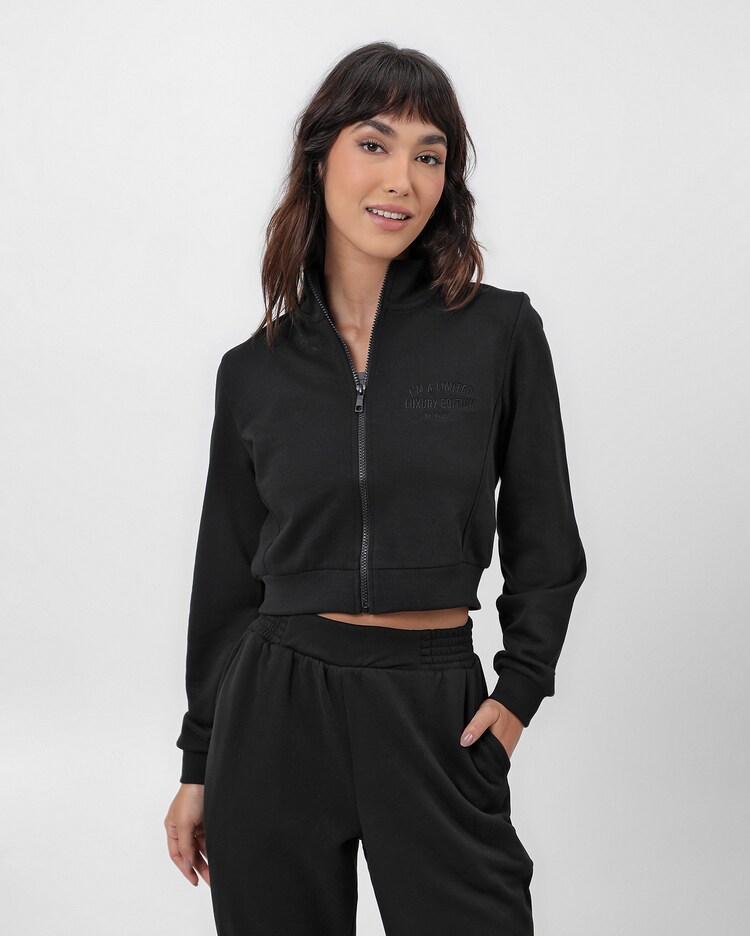 Riachuelo Blusa de moletom cropped com zíper bordada preta