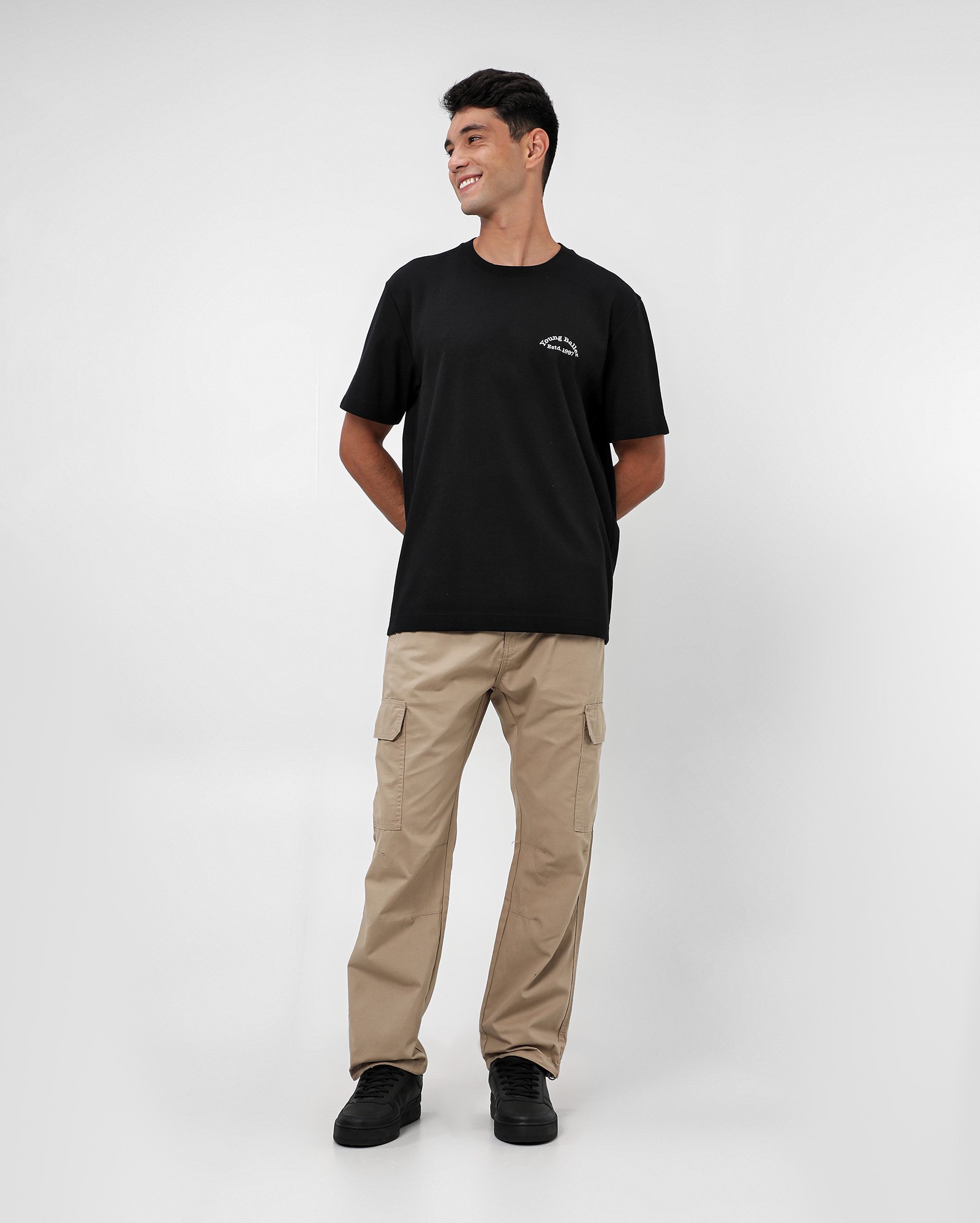 Calça jeans color masculina cargo cós de elástico - Bege Claro