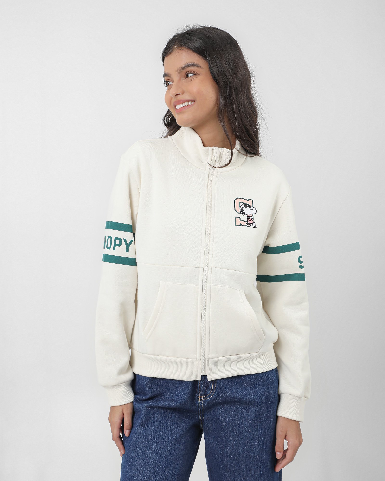 Blusa de moletom juvenil aberta com capuz Snoopy bege | Peanuts