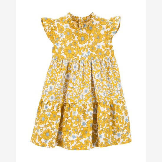 Vestido curto infantil evasê babados florzinhas amarelo | Carter's