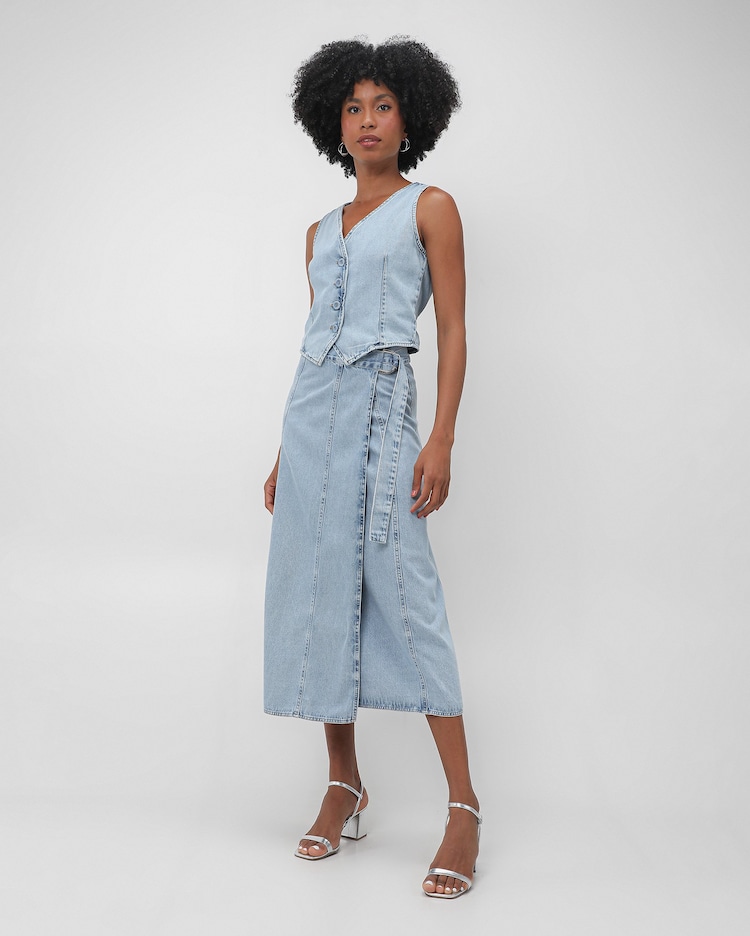 Riachuelo Saia jeans midi reta transpassada cinto denim médio