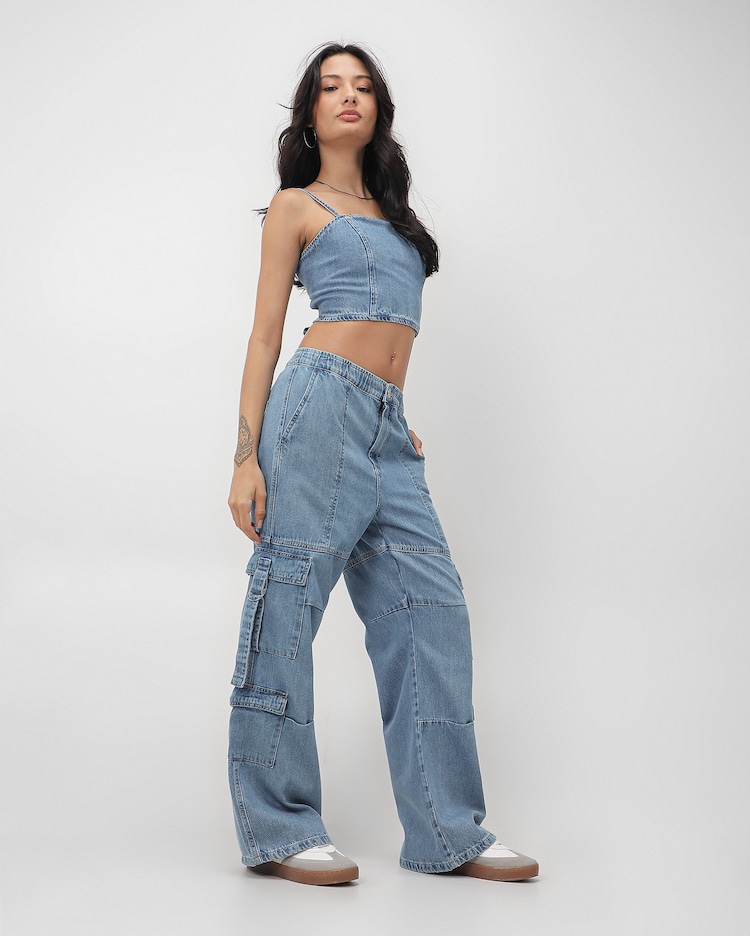 Riachuelo Calça jeans feminina boyfriend bolso cargo denim claro