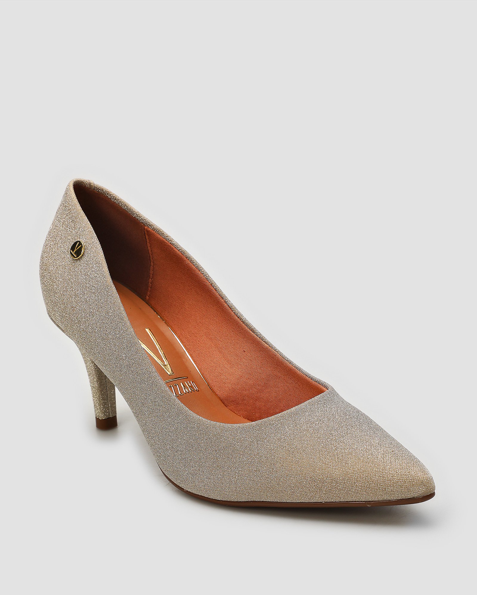 Scarpin salto médio bico fino com glitter dourado | Vizzano