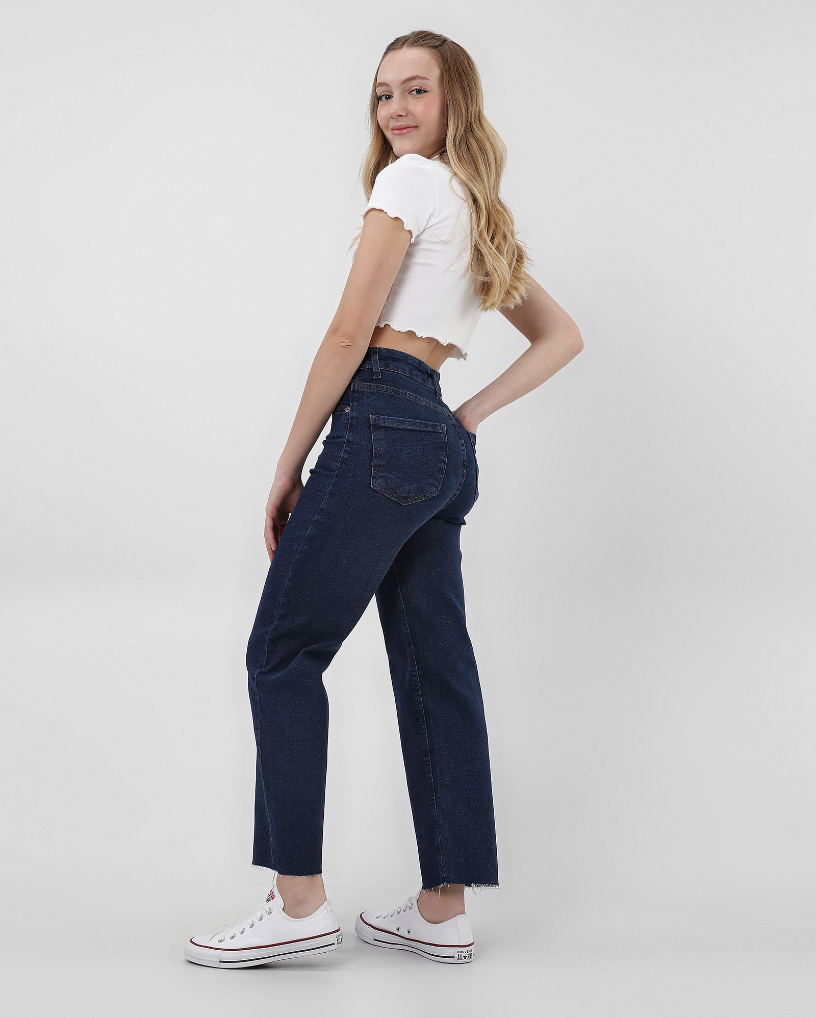 Calça jeans feminina reta cropped cintura alta - Azul Escuro | Pool Jeans