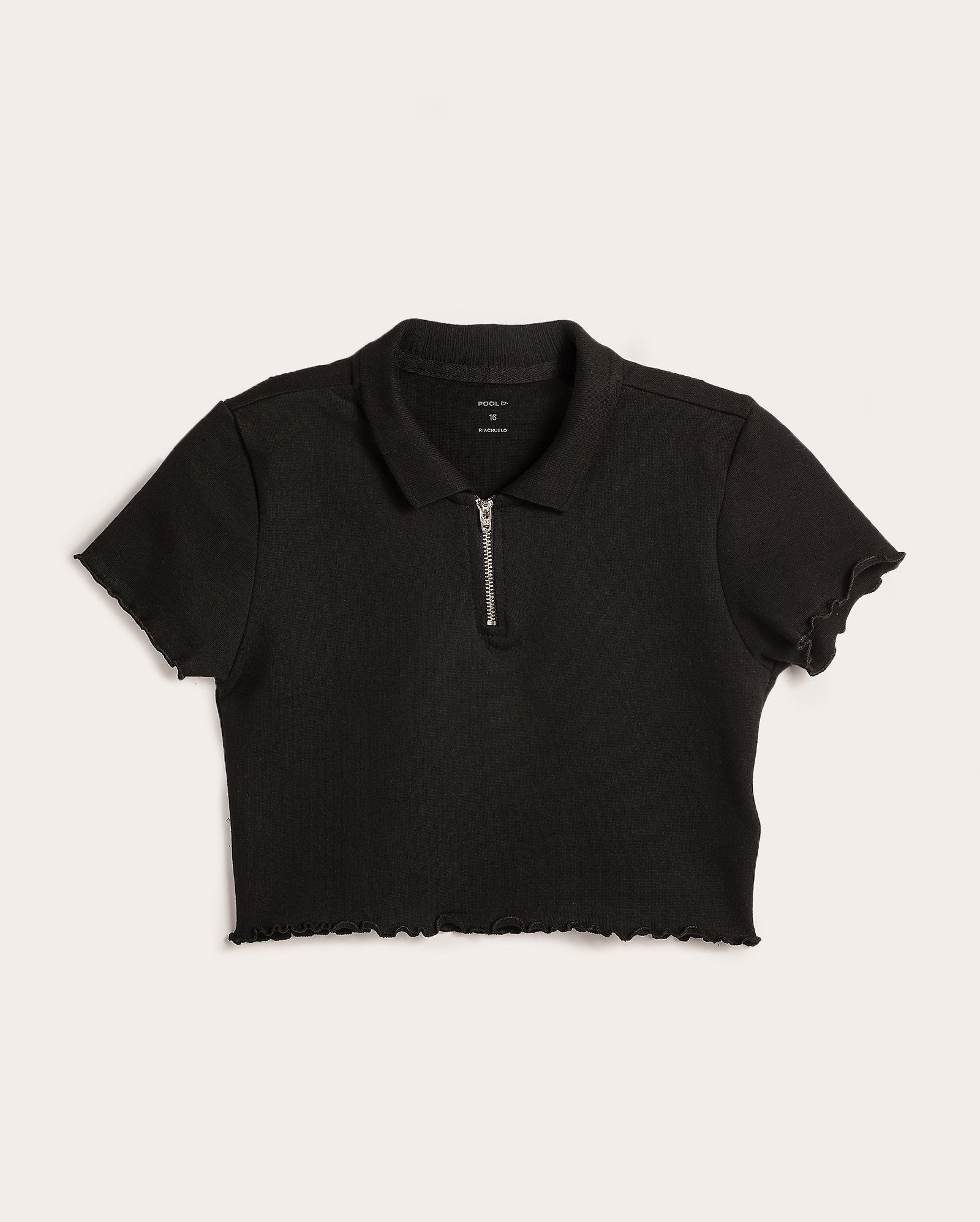Camisa polo cropped juvenil em ripple com zíper - Preto