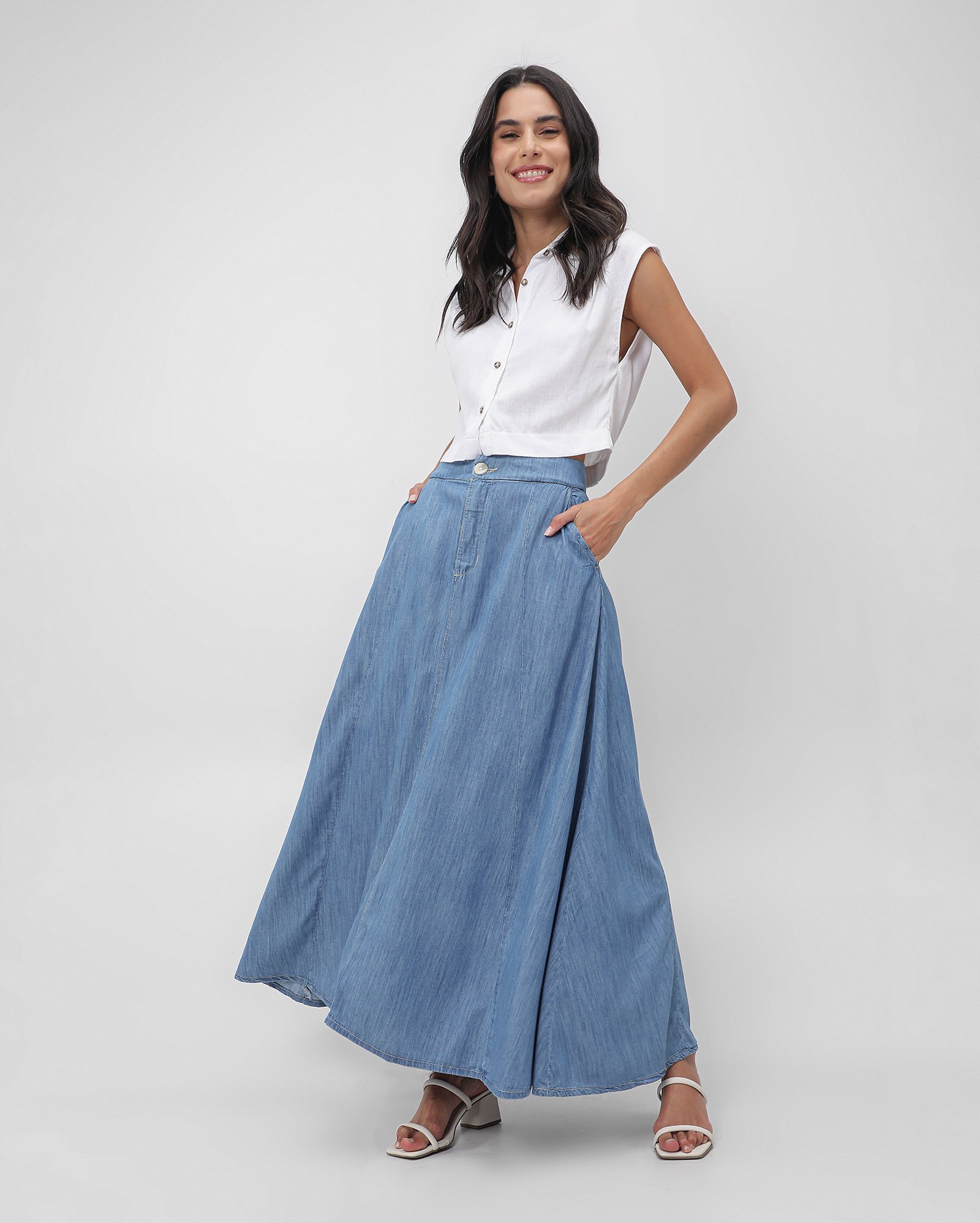 Riachuelo Saia jeans longa godê denim médio AK by Riachuelo