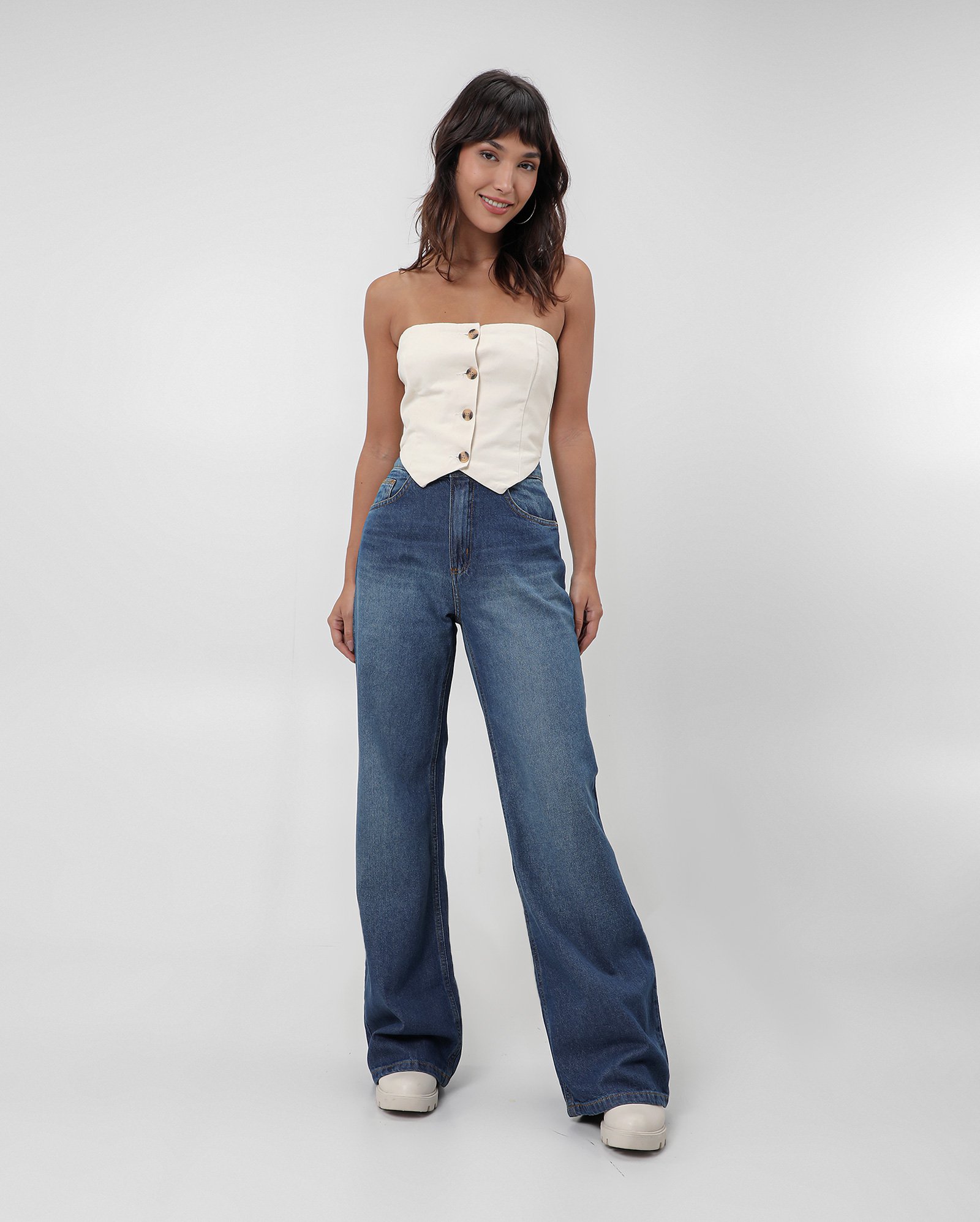 Calça jeans feminina wide leg cintura alta denim escuro | Pool Jeans