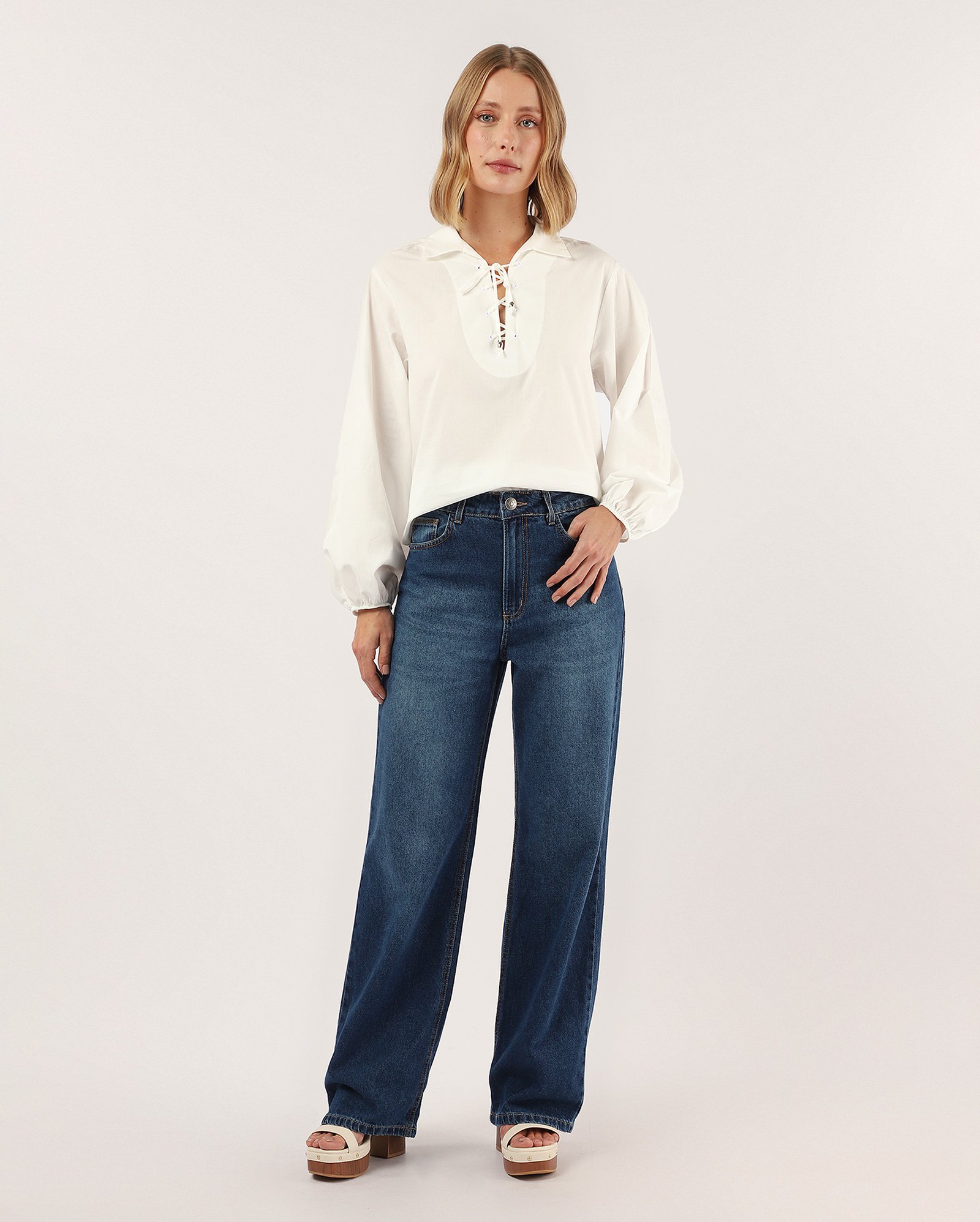 Calça jeans feminina wide leg cintura alta - denim escuro | Pool Jeans