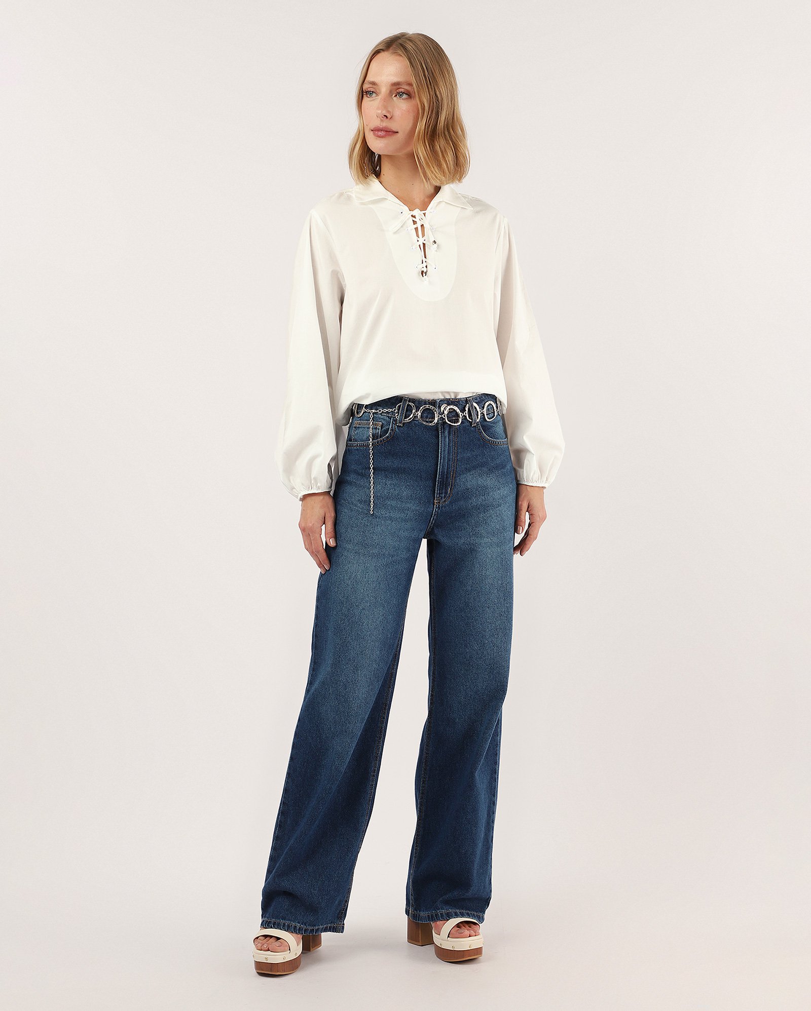 Calça jeans feminina wide leg cintura alta - denim escuro | Pool Jeans