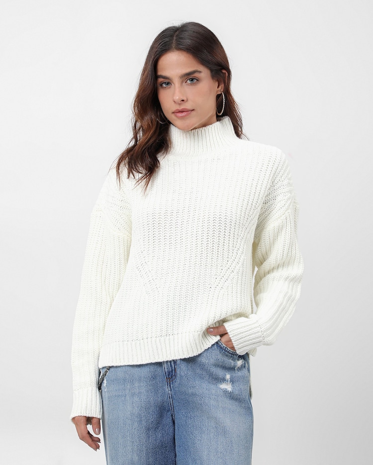 Riachuelo Blusa feminina de tricot trançado com gola alta branca