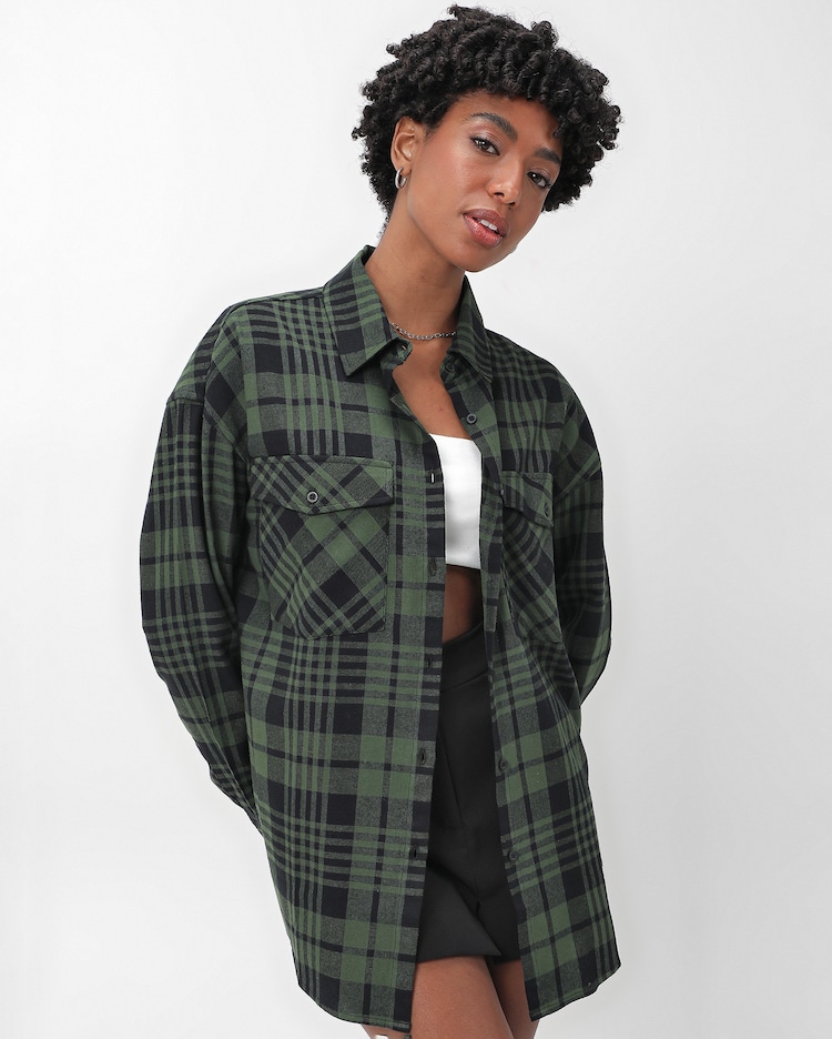 Riachuelo Camisa feminina xadrez flanelada alongada Verde