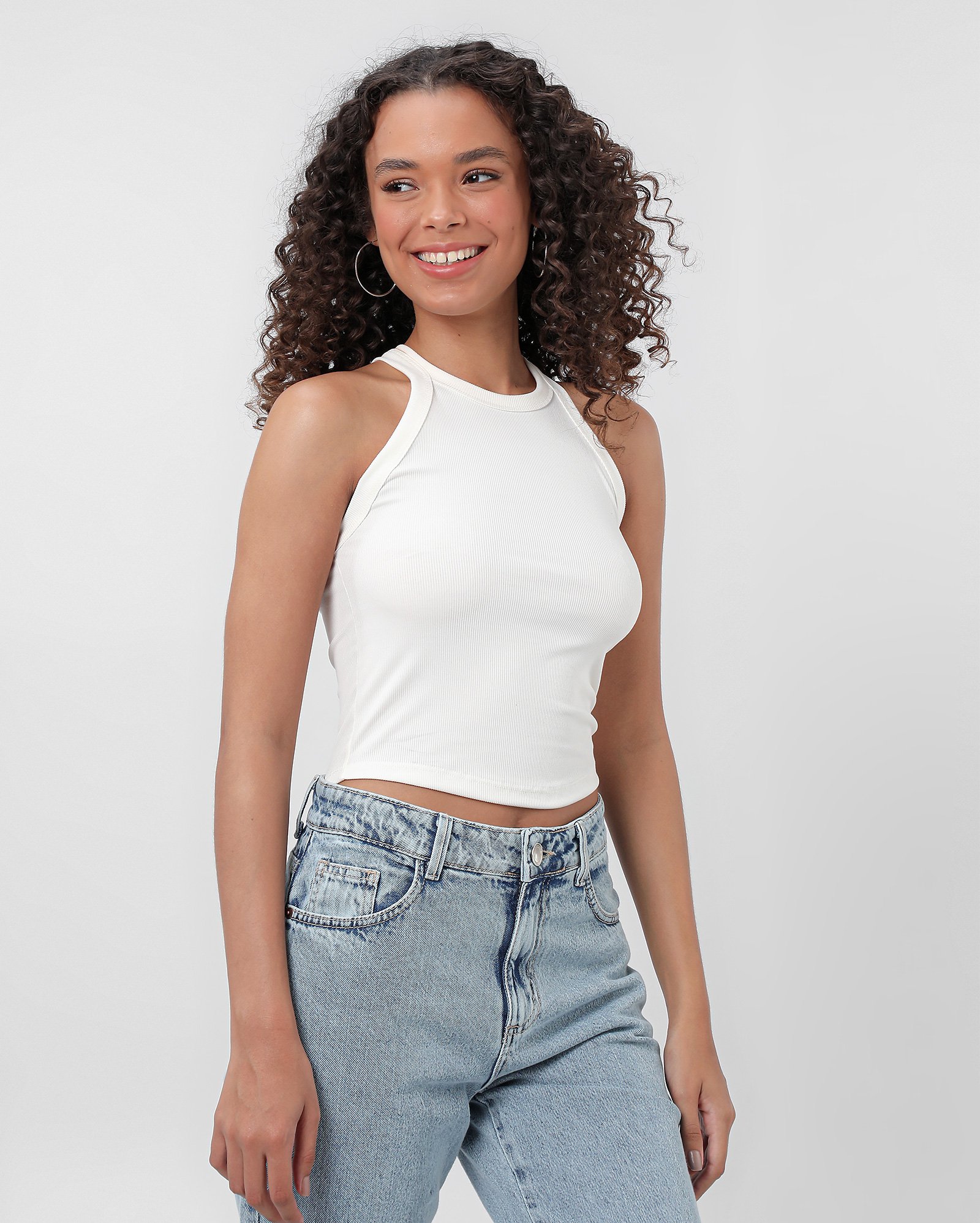 Regata cropped trapézio canelada - Branco