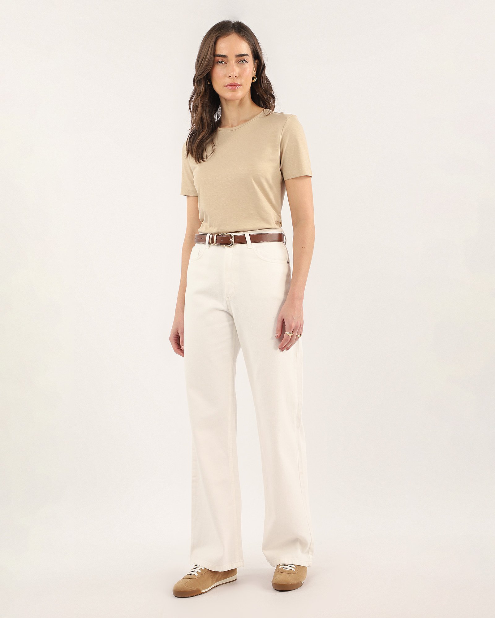 Camiseta feminina flamê de algodão peruano - Bege Claro