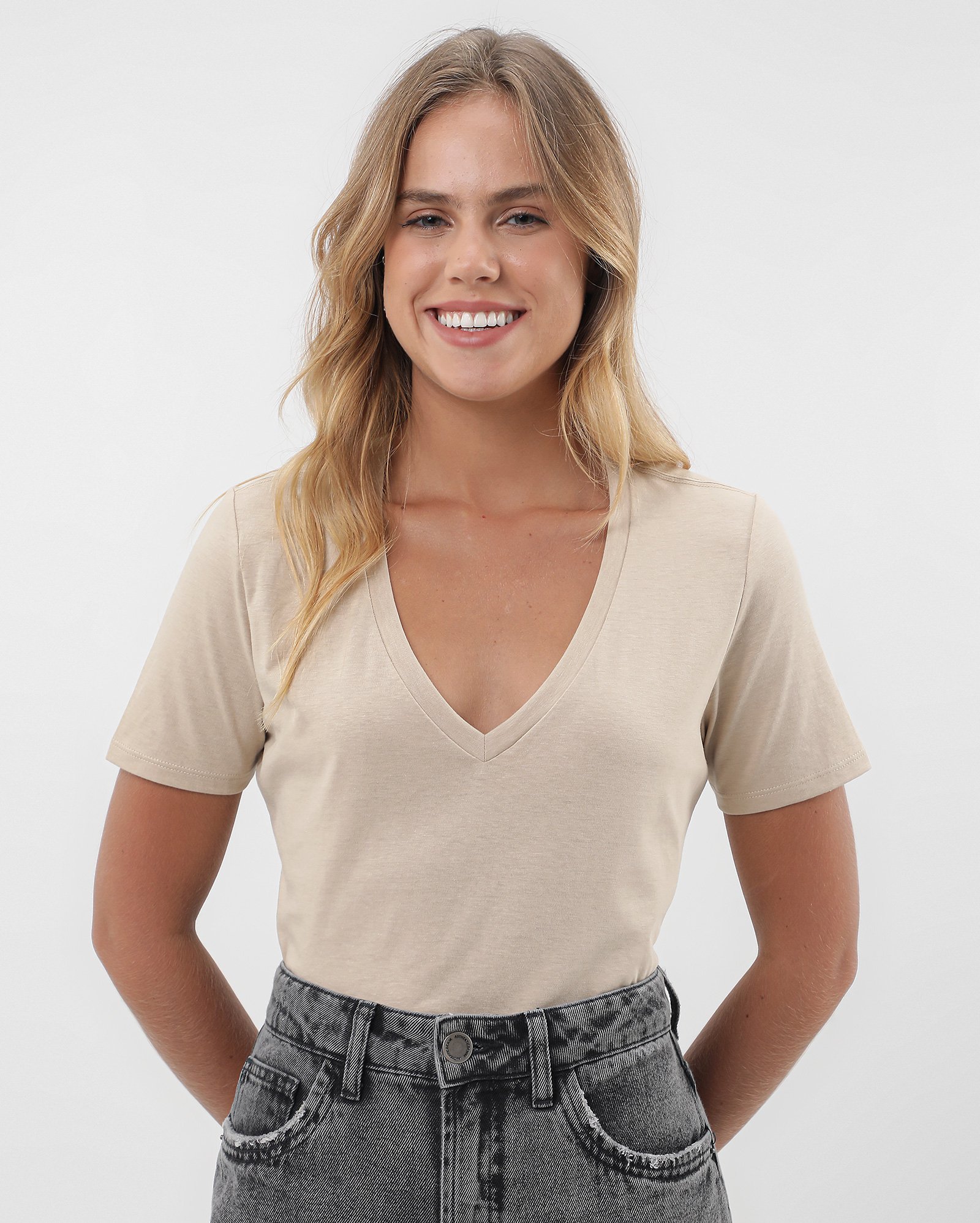 Blusa feminina de algodão peruano decote v - Bege | Pool Basics