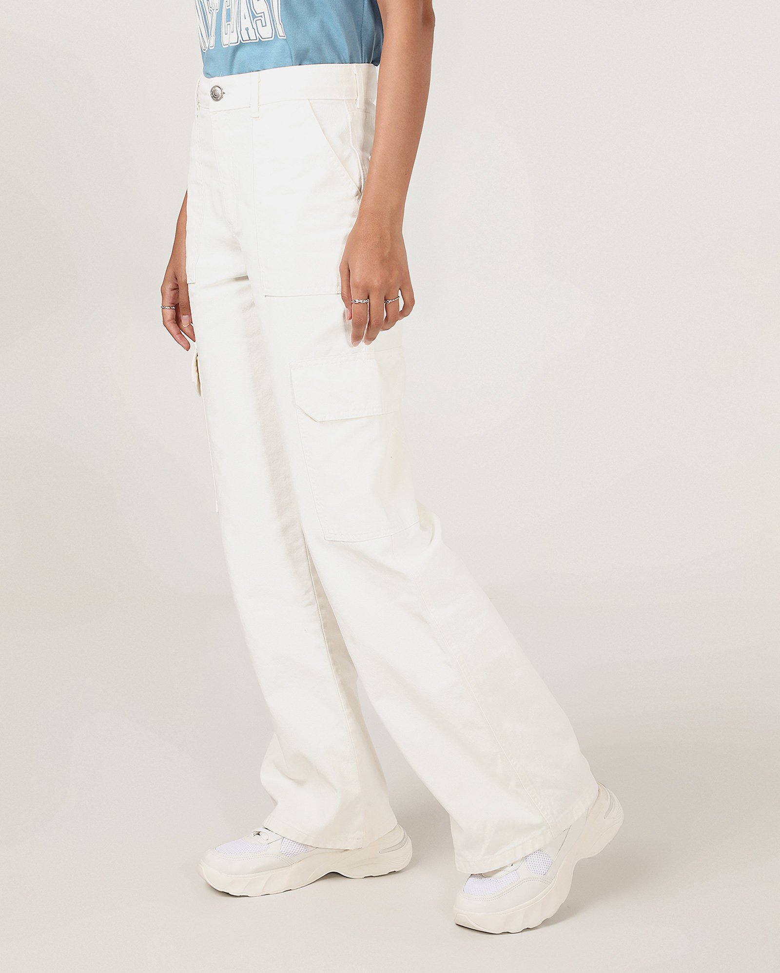 Calça jeans feminina wide leg cintura alta cargo - Branco | Pool Jeans