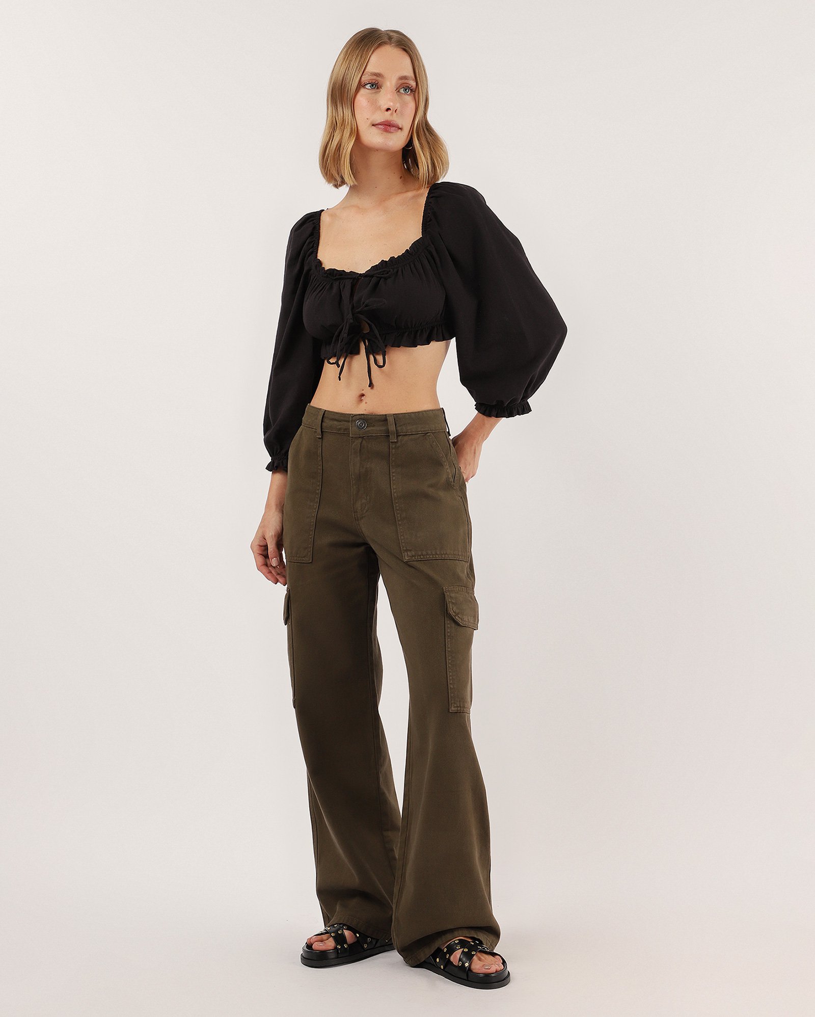 Calça sarja feminina wide leg cintura alta cargo - verde | Pool Jeans