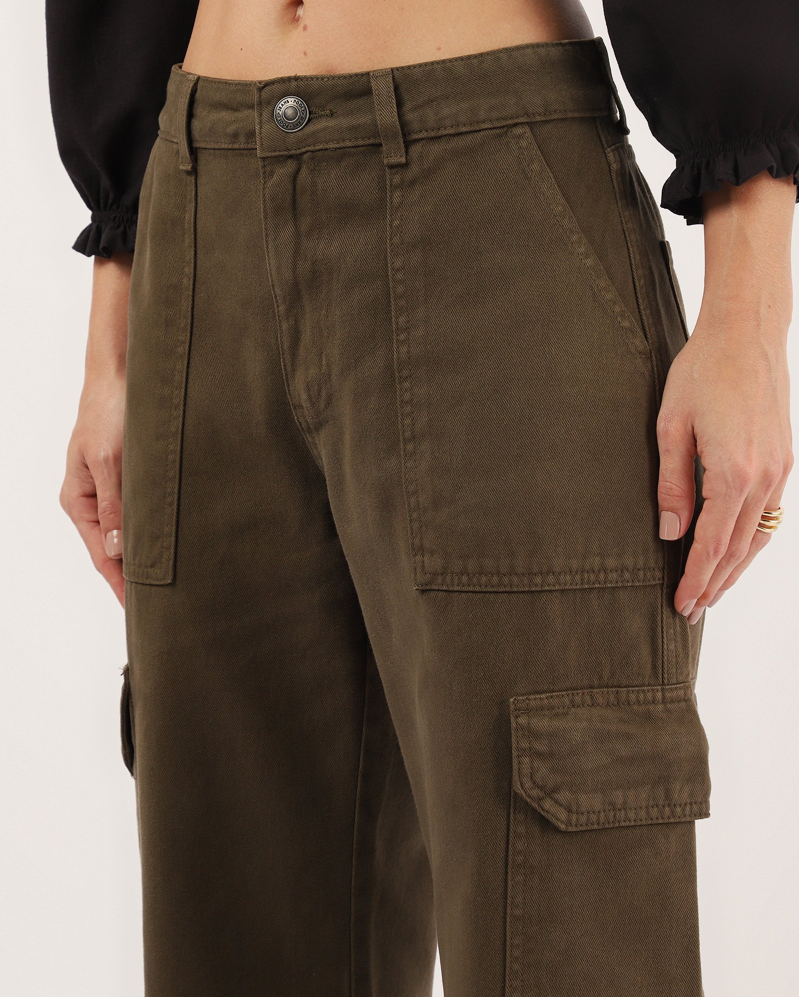 Calça sarja feminina wide leg cintura alta cargo - verde | Pool Jeans
