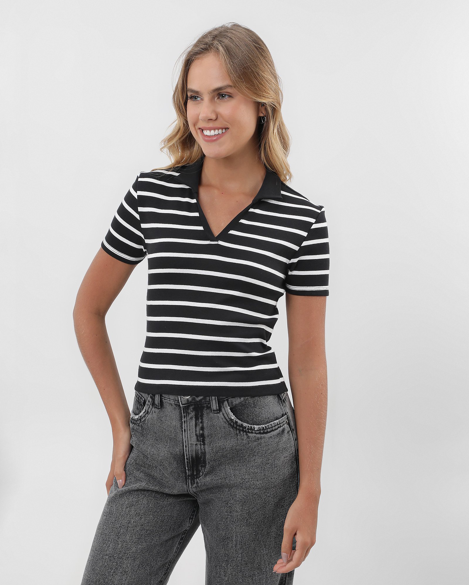 Camisa polo feminina listras - Preto | Pool
